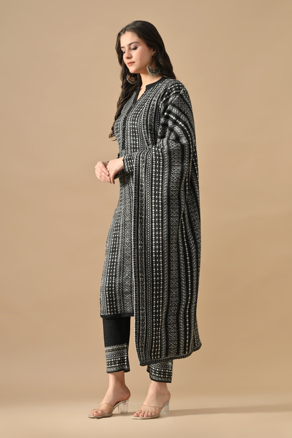 Winter Black Printed Ethnic Motifs Woven Kurta 3 Pcs Set