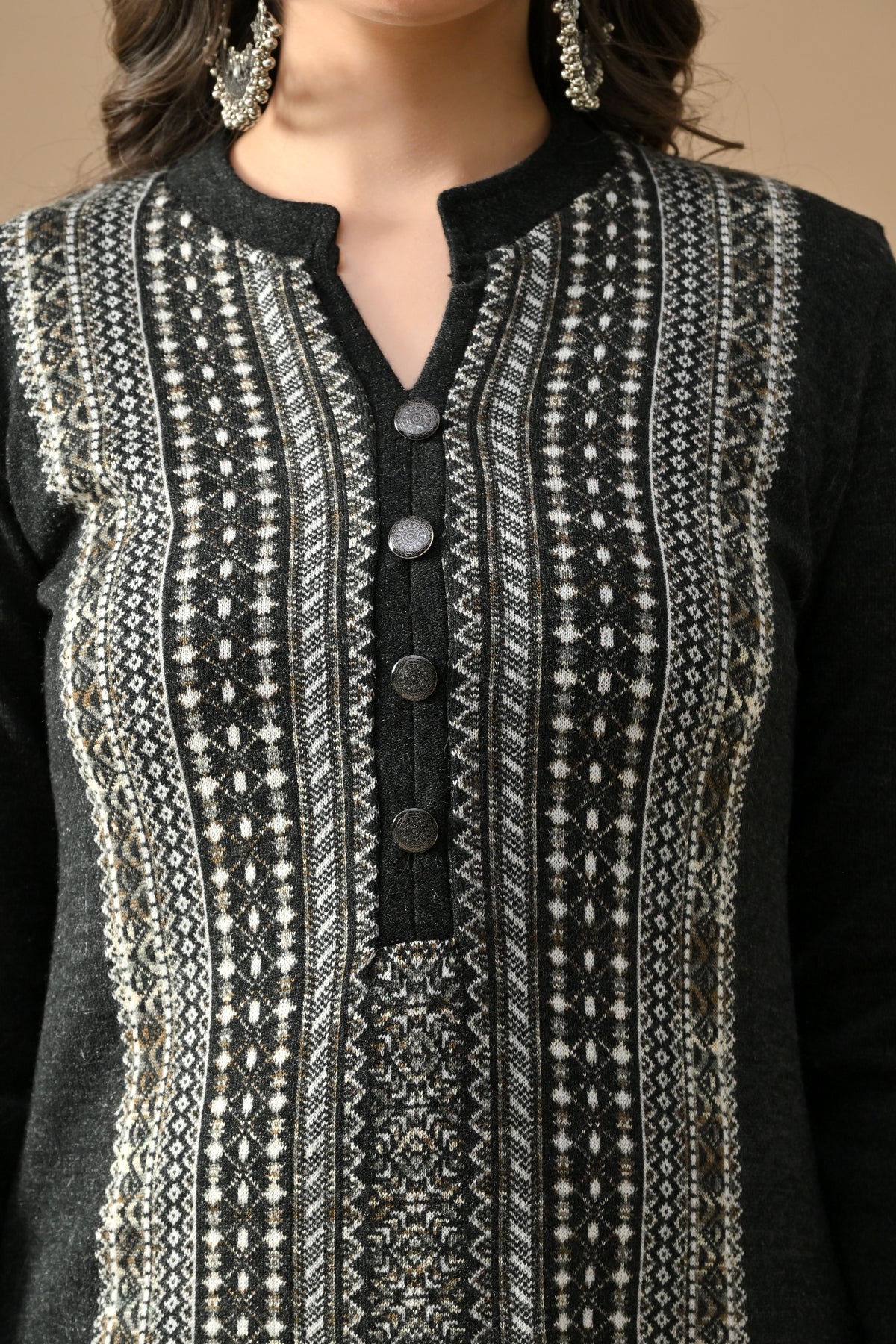 Winter Black Printed Ethnic Motifs Woven Kurta 3 Pcs Set