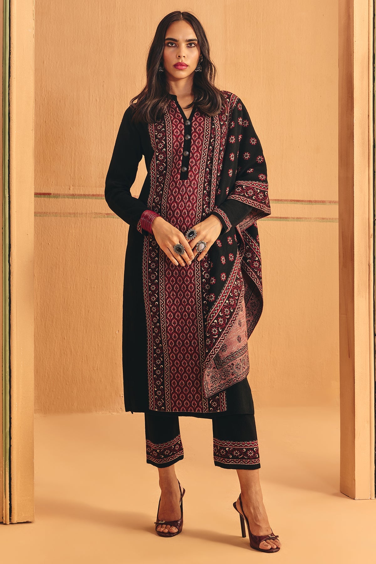 Winter Black Printed Ethnic Motifs Woven Kurta Set