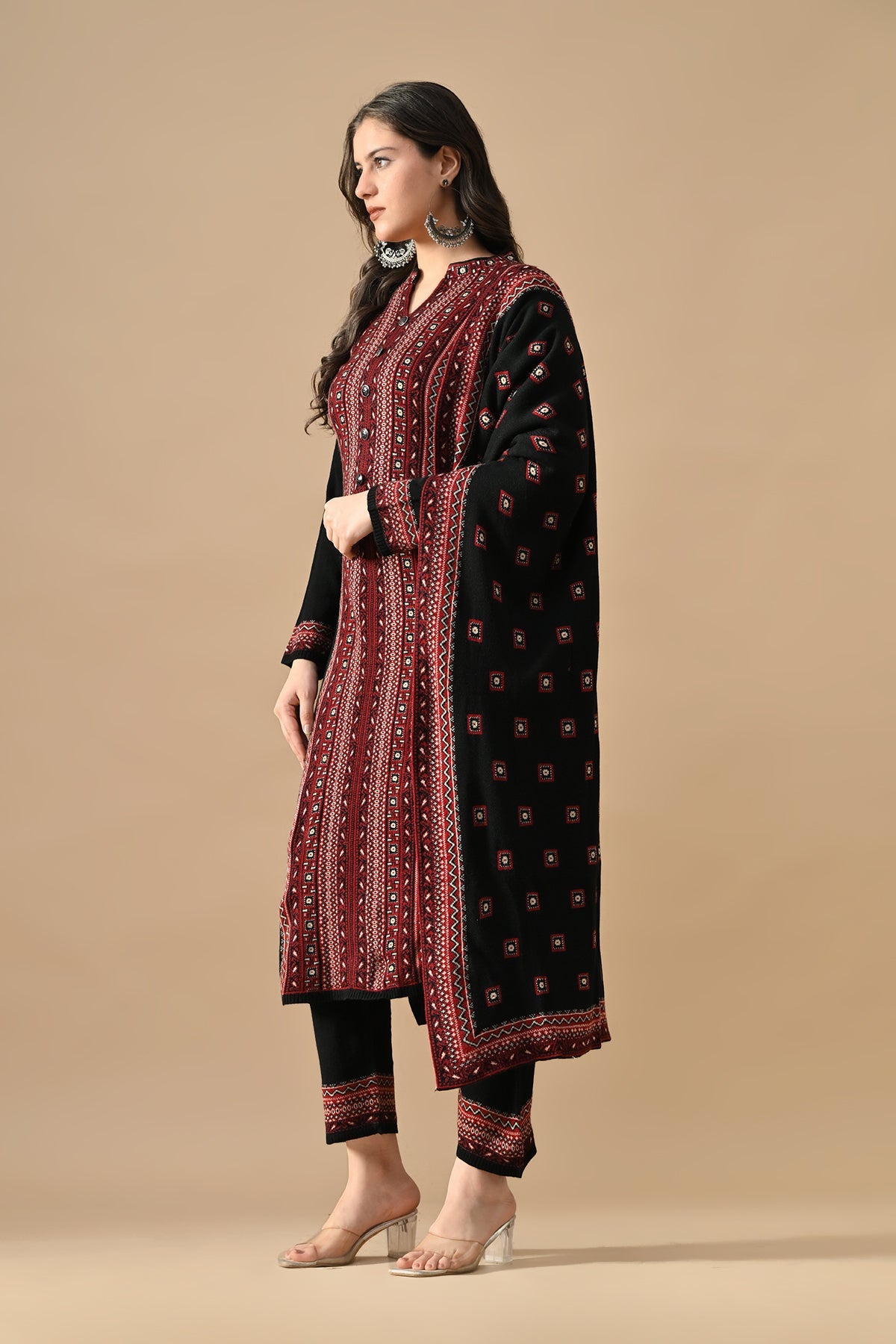Winter Black Printed Ethnic Motifs Woven Kurta 3 Pcs Set