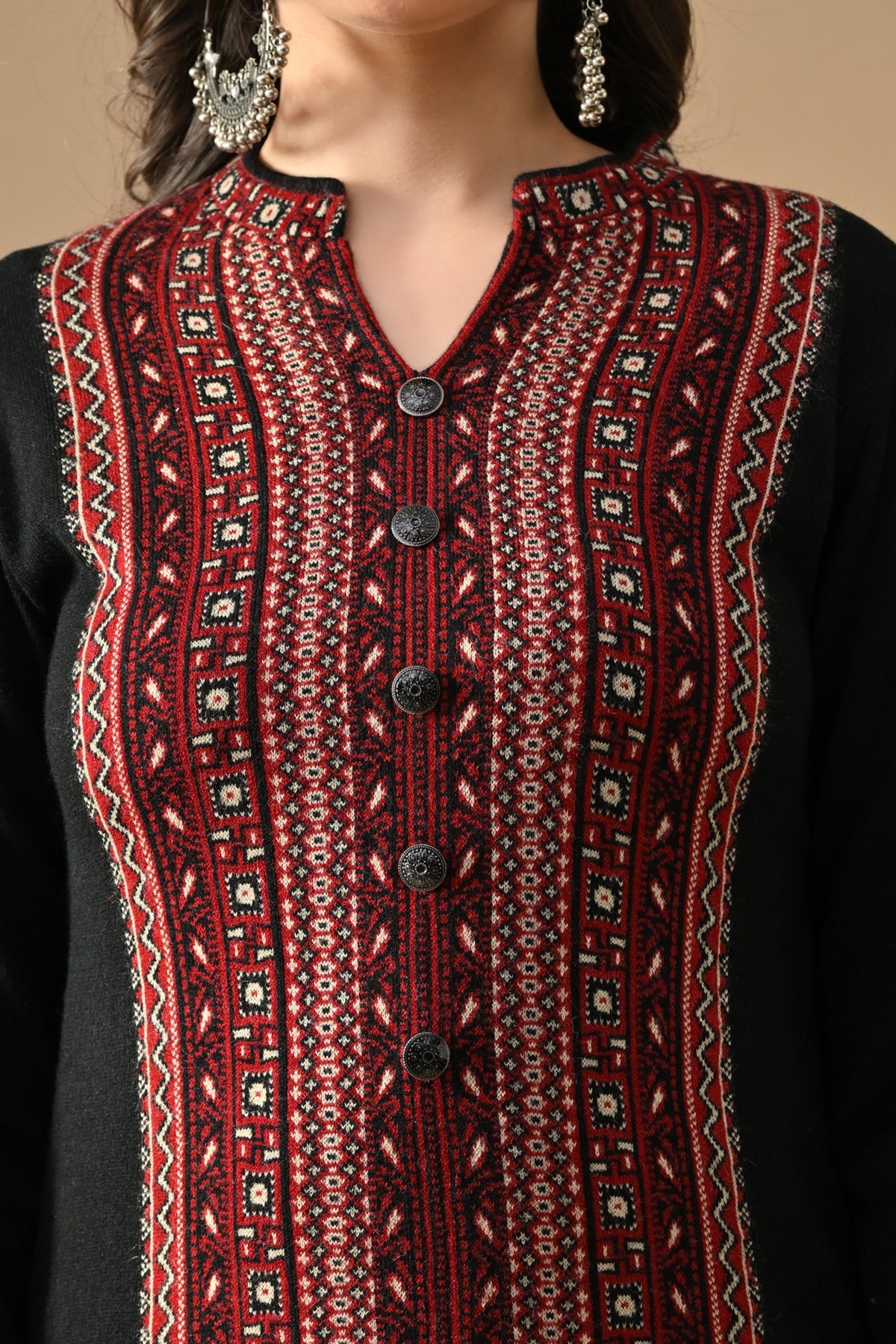 Winter Black Printed Ethnic Motifs Woven Kurta 3 Pcs Set