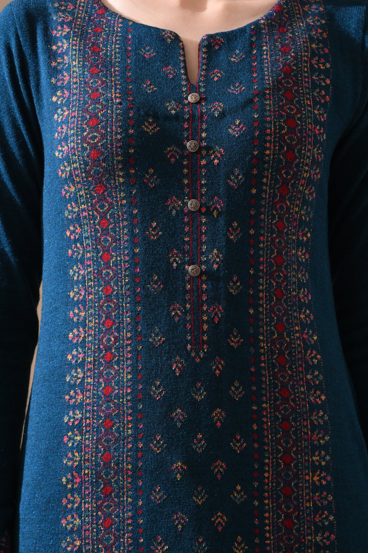 Winter Peacock Blue Printed Ethnic Motifs Woven Kurta 3 Pcs Set