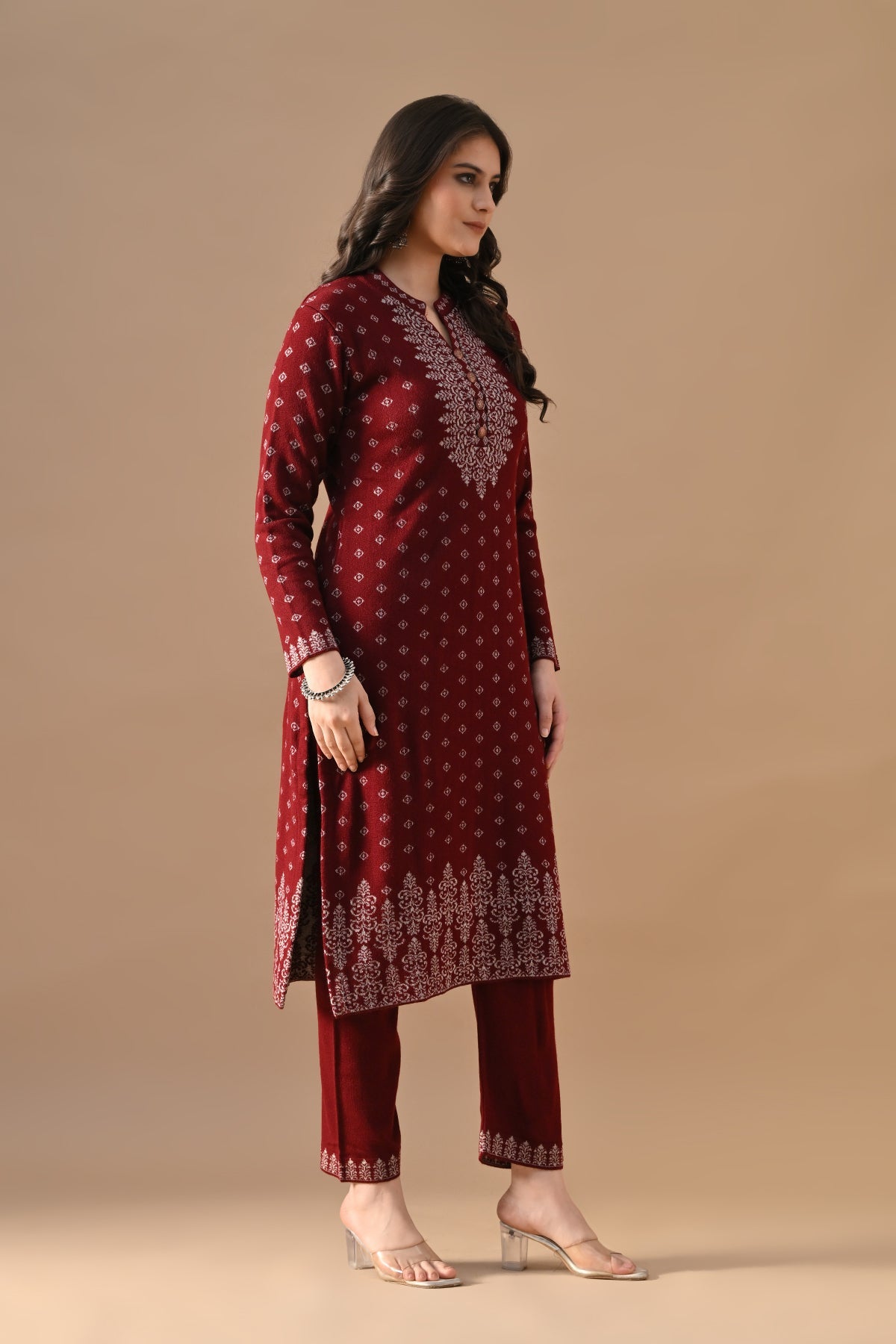 Winter Maroon Printed Ethnic Motifs Woven Kurta 3 Pcs Set