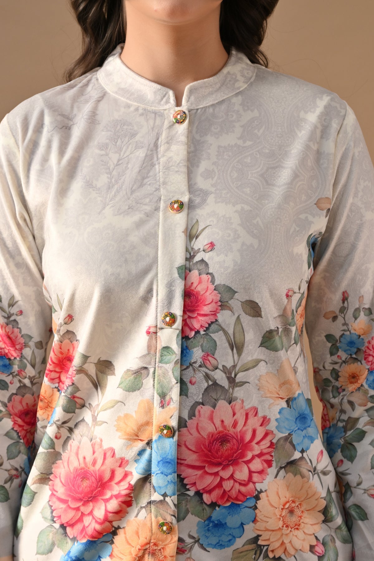 Winter Cream Floral Printed Velvet Co-Ord Set