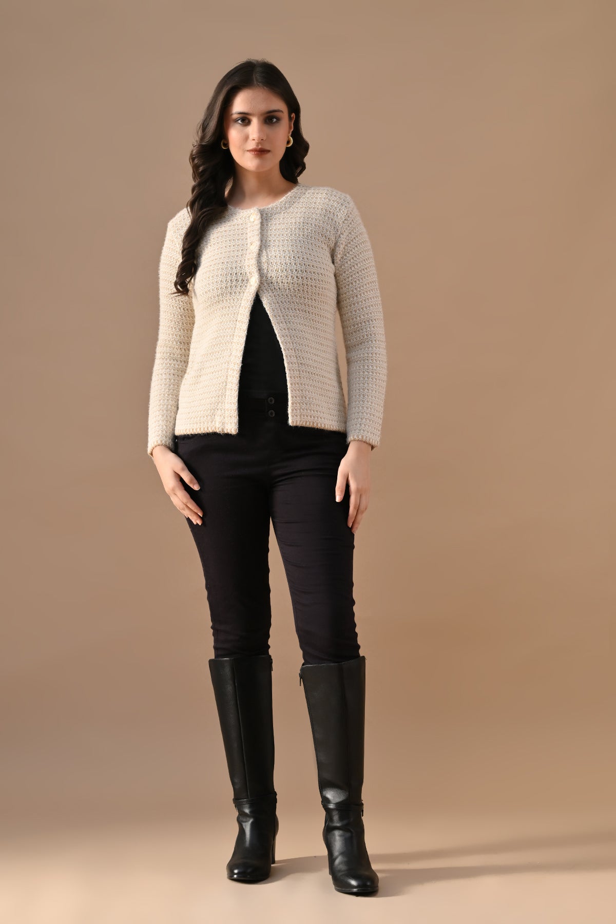 Winter Cream Woven Round Neck Cardigan