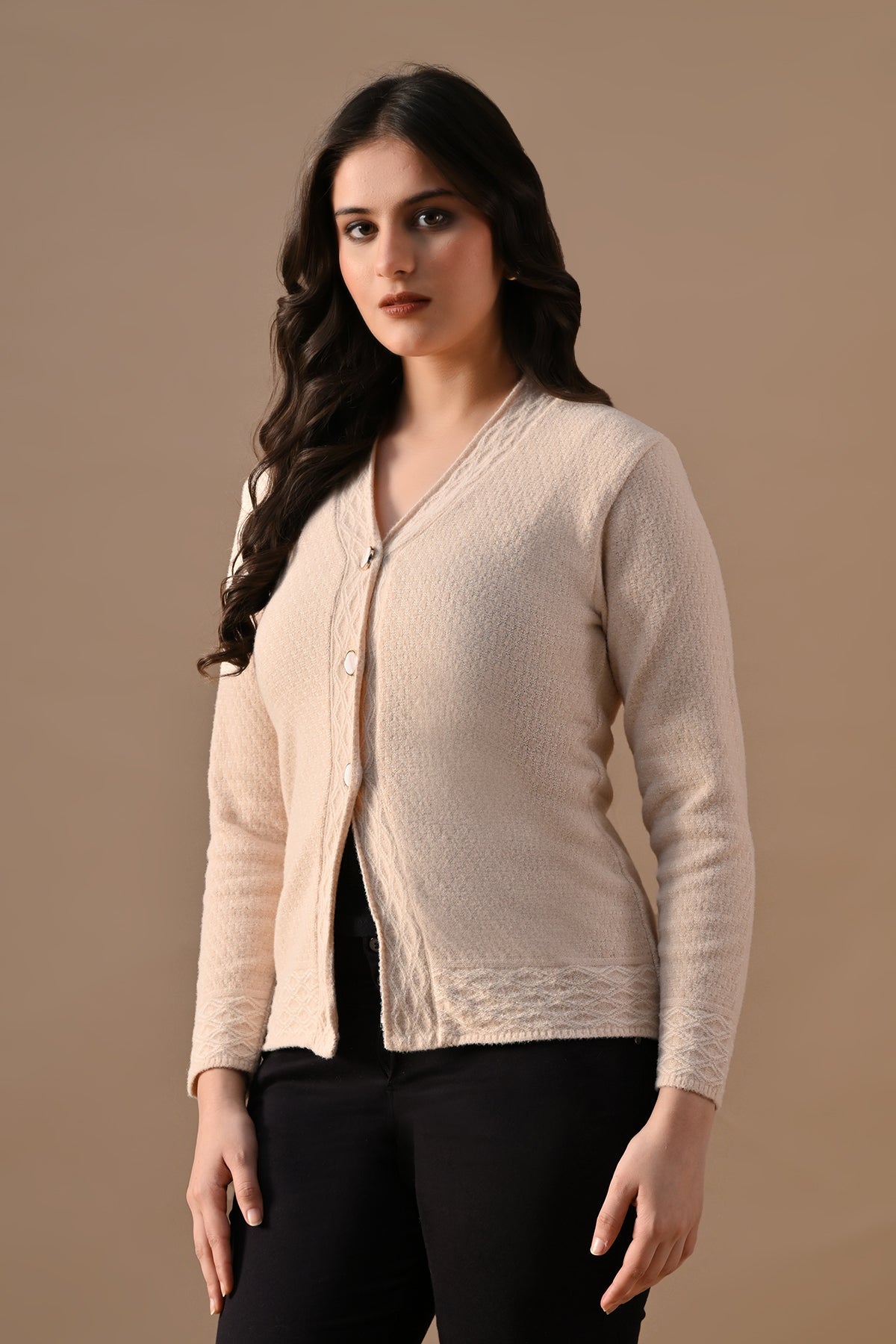 Winter Cream Woven V-Neck Cardigan