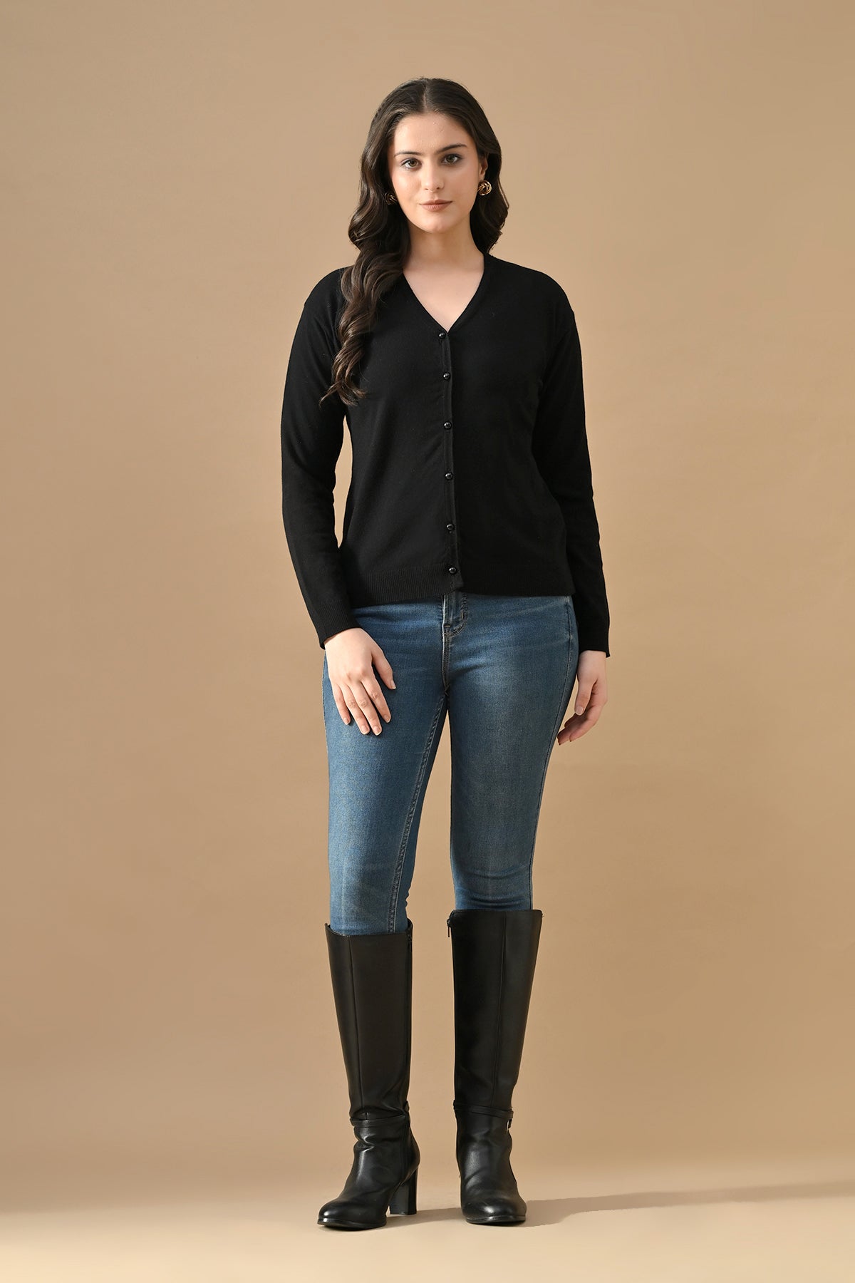 Winter Black Woven V-Neck Cardigan