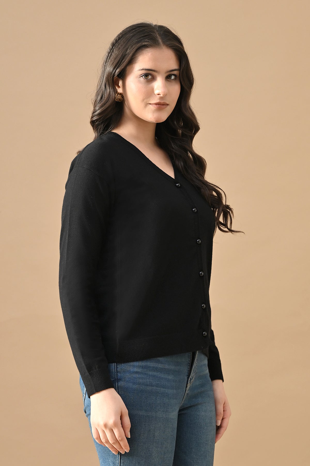 Winter Black Woven V-Neck Cardigan
