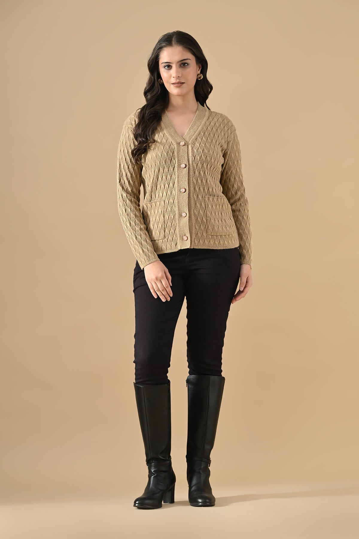 Winter Beige Knitted V-Neck Cardigan