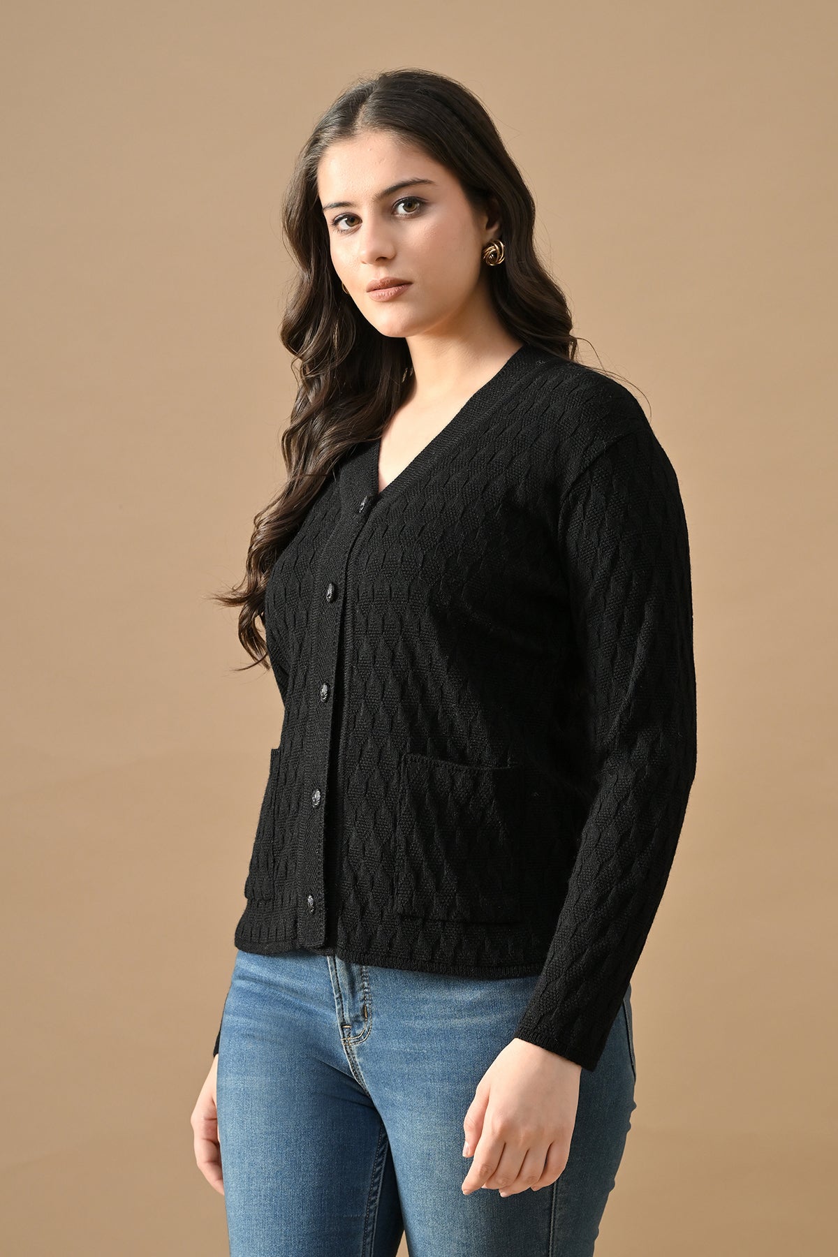Winter Black Knitted V-Neck Cardigan