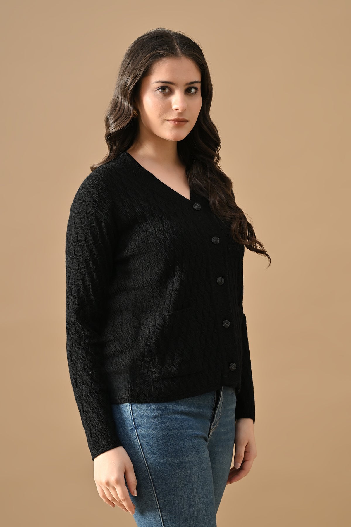 Winter Black Knitted V-Neck Cardigan