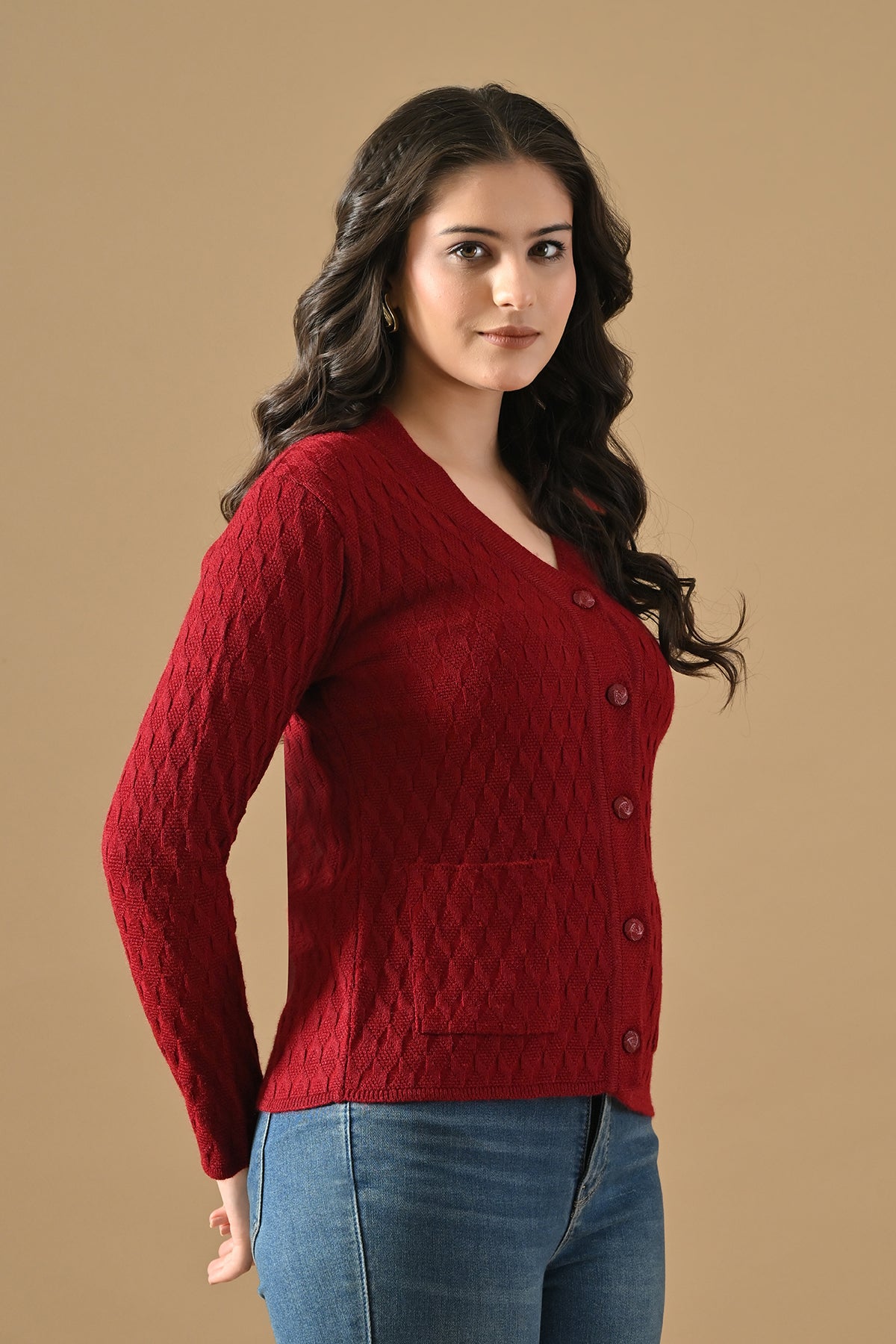 Winter Maroon Knitted V-Neck Cardigan