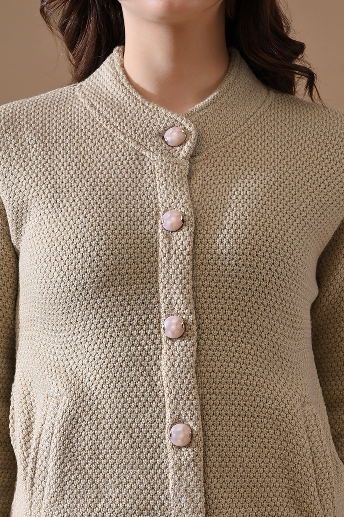 Winter Beige Knitted Mandarin Collar Cardigan