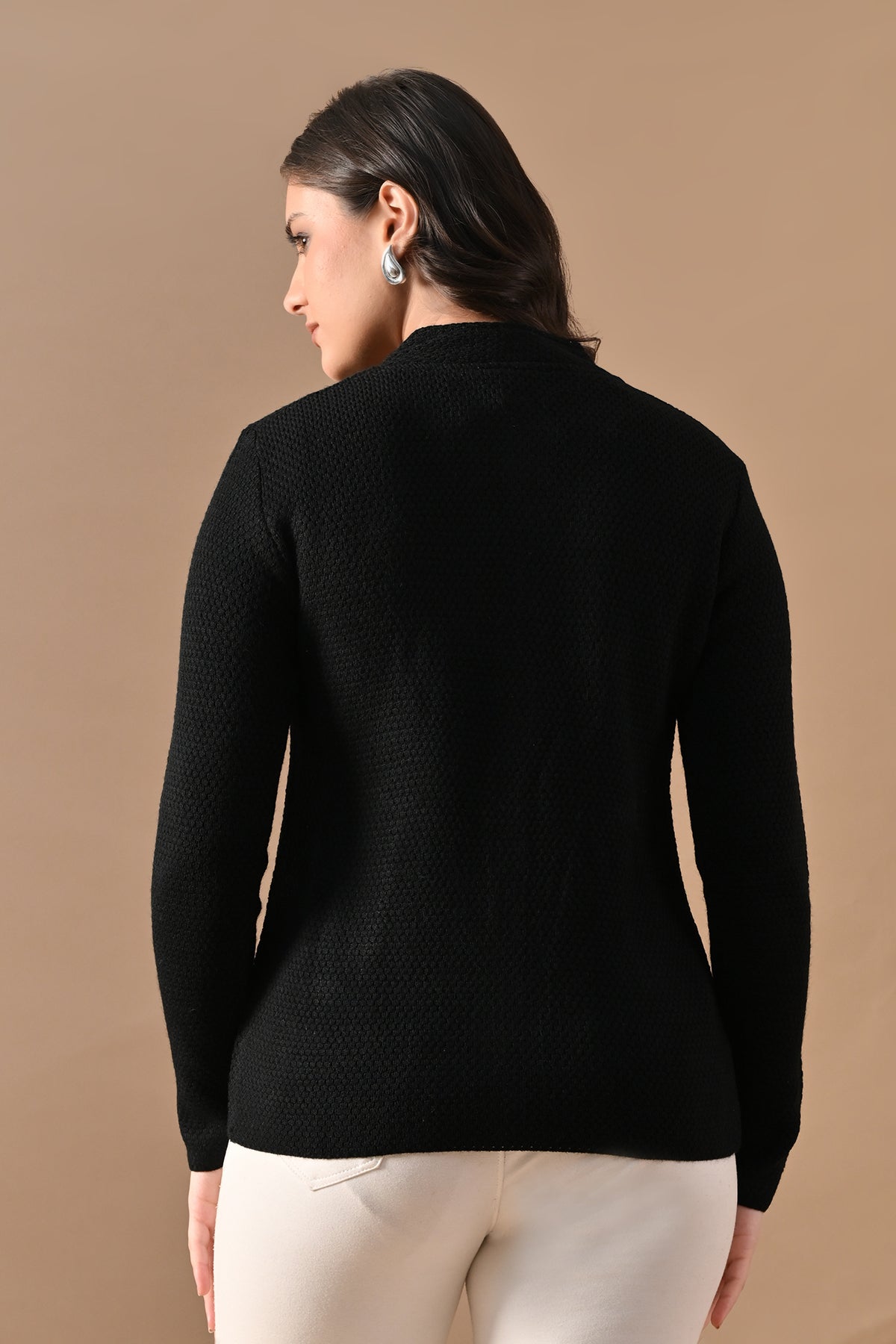 Winter Black Knitted Mandarin Collar Cardigan