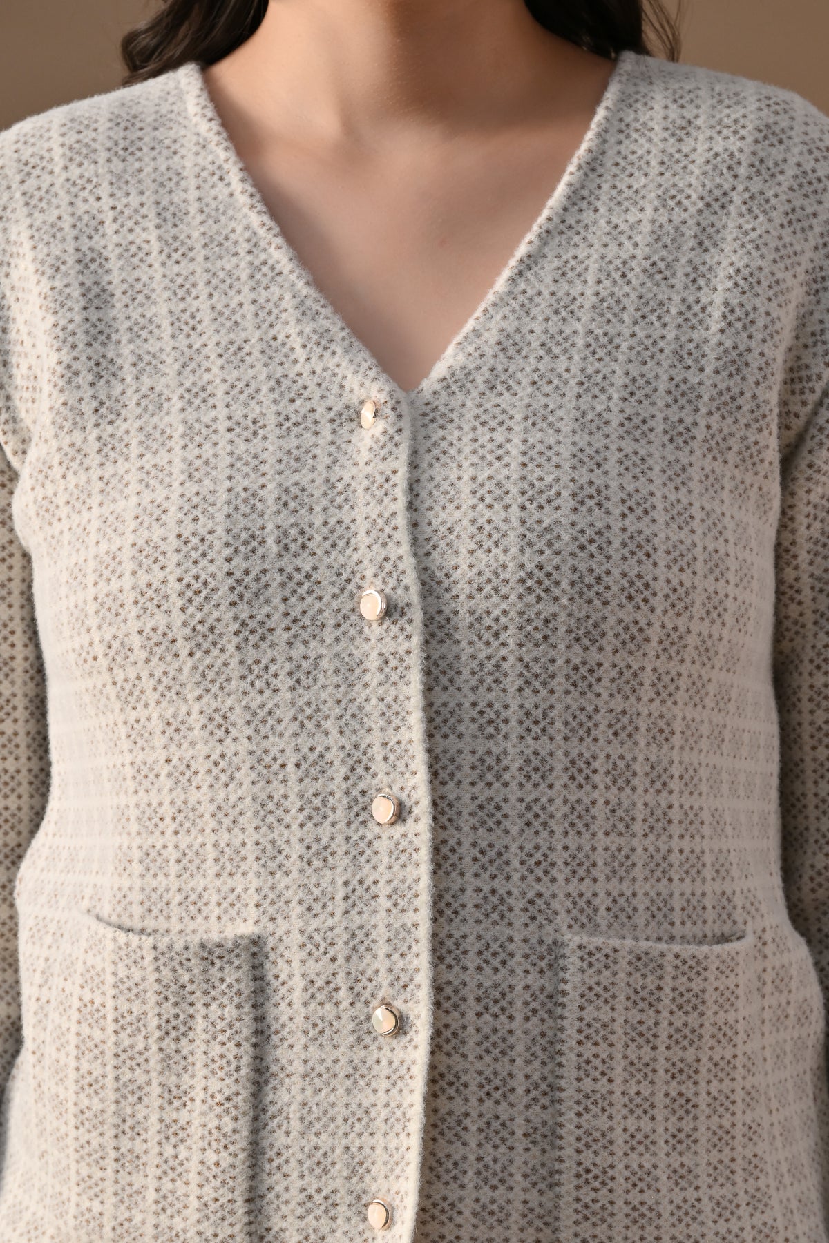 Winter Cream Woven V-Neck Cardigan