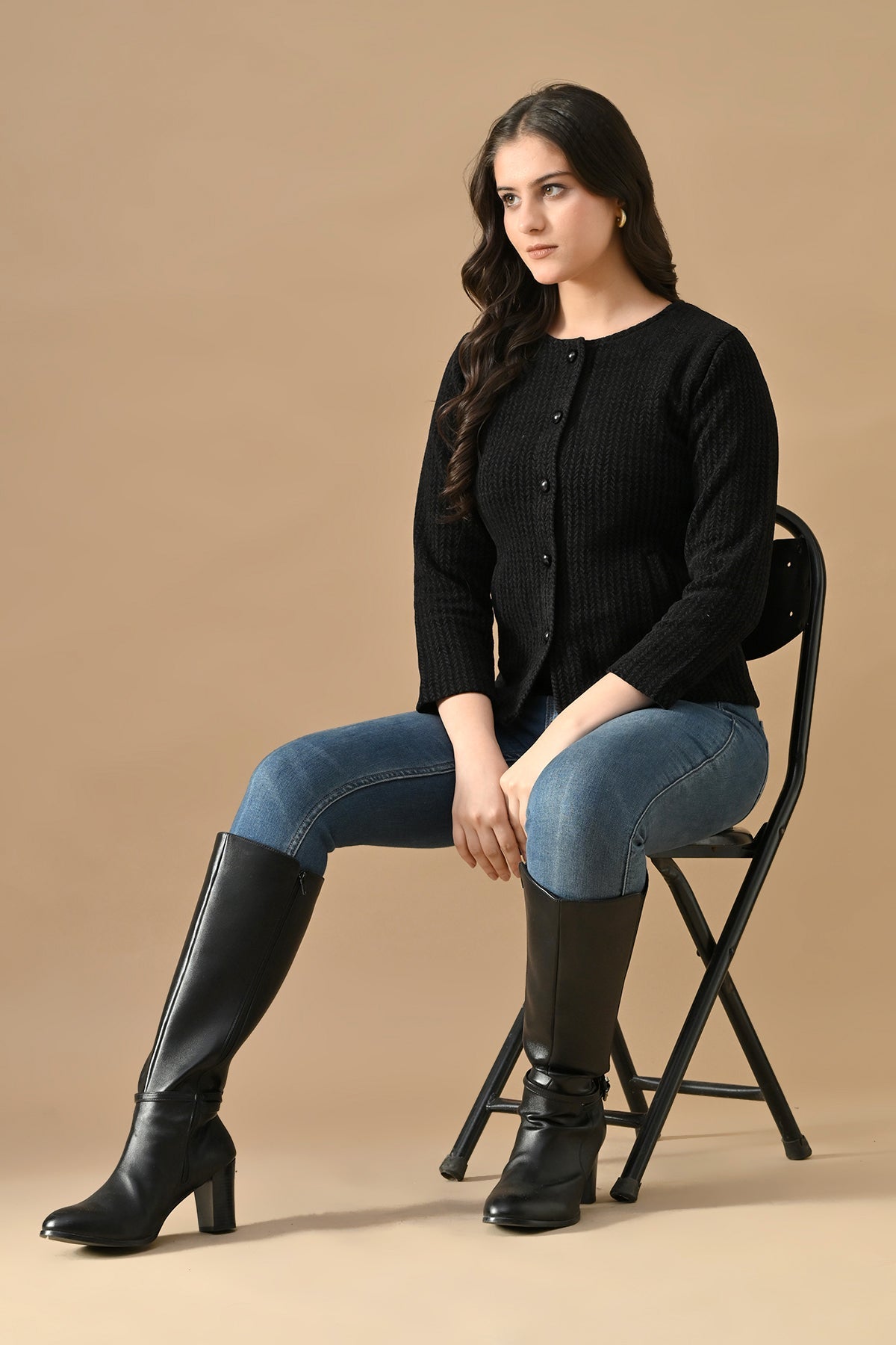 Winter Black Woven Round Neck Cardigan