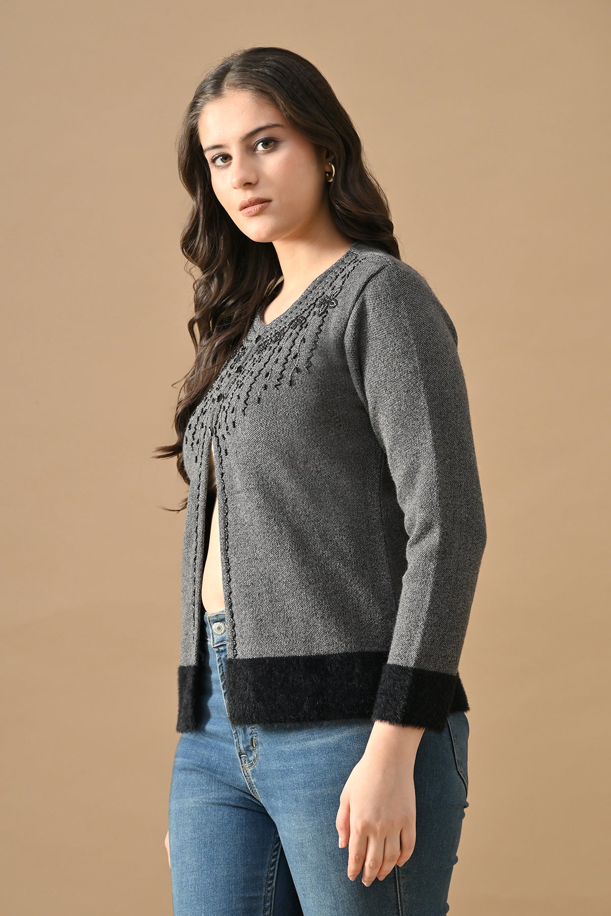 Winter Grey Woven Bead Embroidery Cardigan