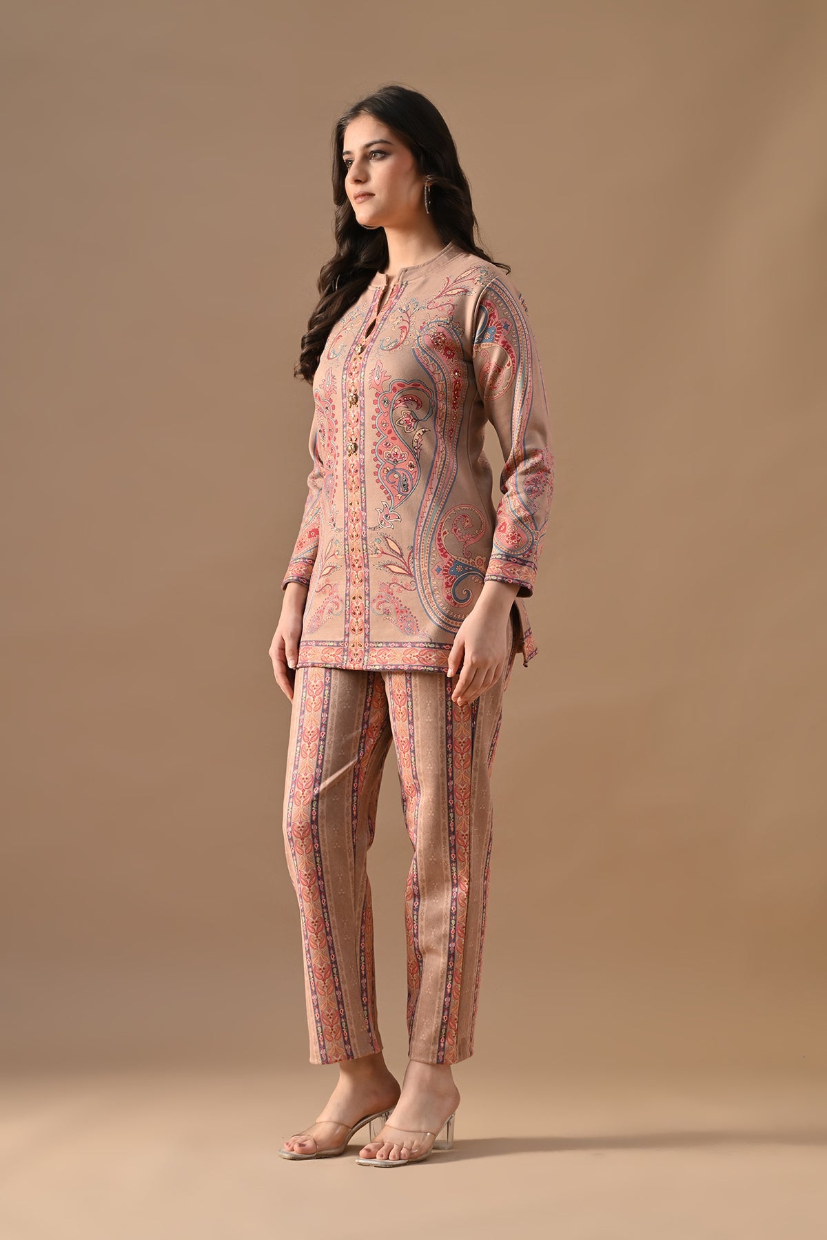 Winter Beige Printed Stone Embellish Woven Co-Ord Set