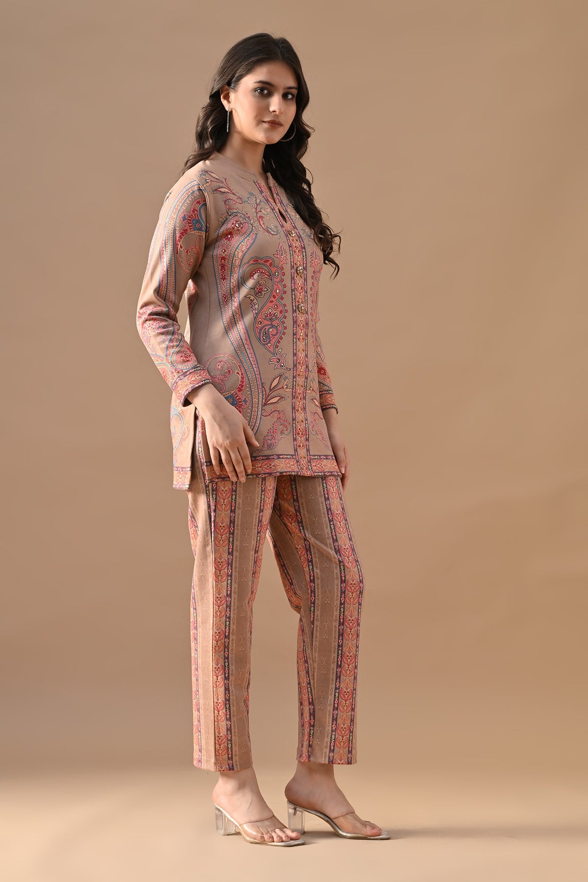 Winter Beige Printed Stone Embellish Woven Co-Ord Set
