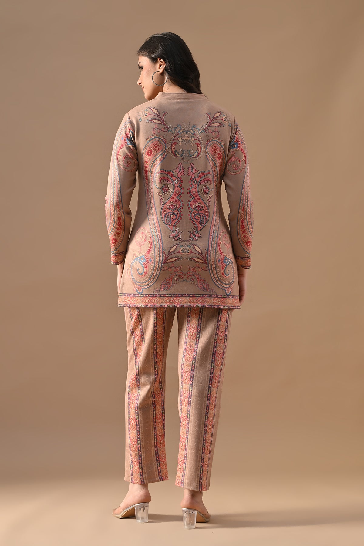 Winter Beige Printed Stone Embellish Woven Co-Ord Set