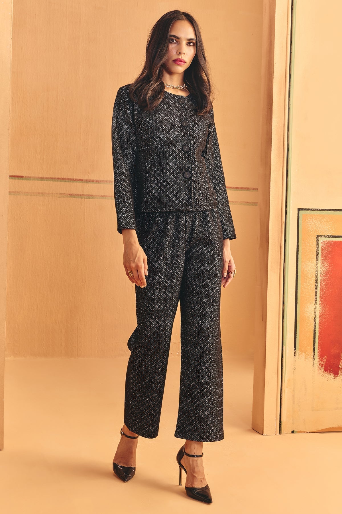 Winter Black Ethnic Motifs Woven Co-Ord Set