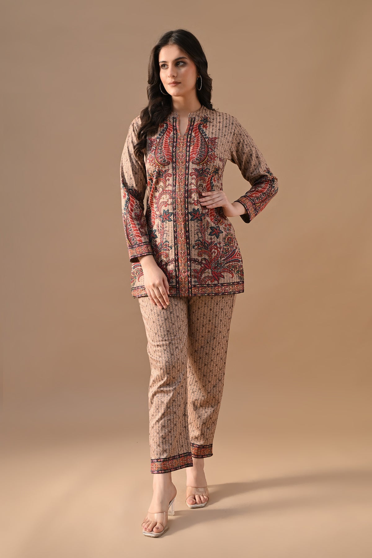 Winter Multi Printed Stone Embellish Woven Co-Ord Set