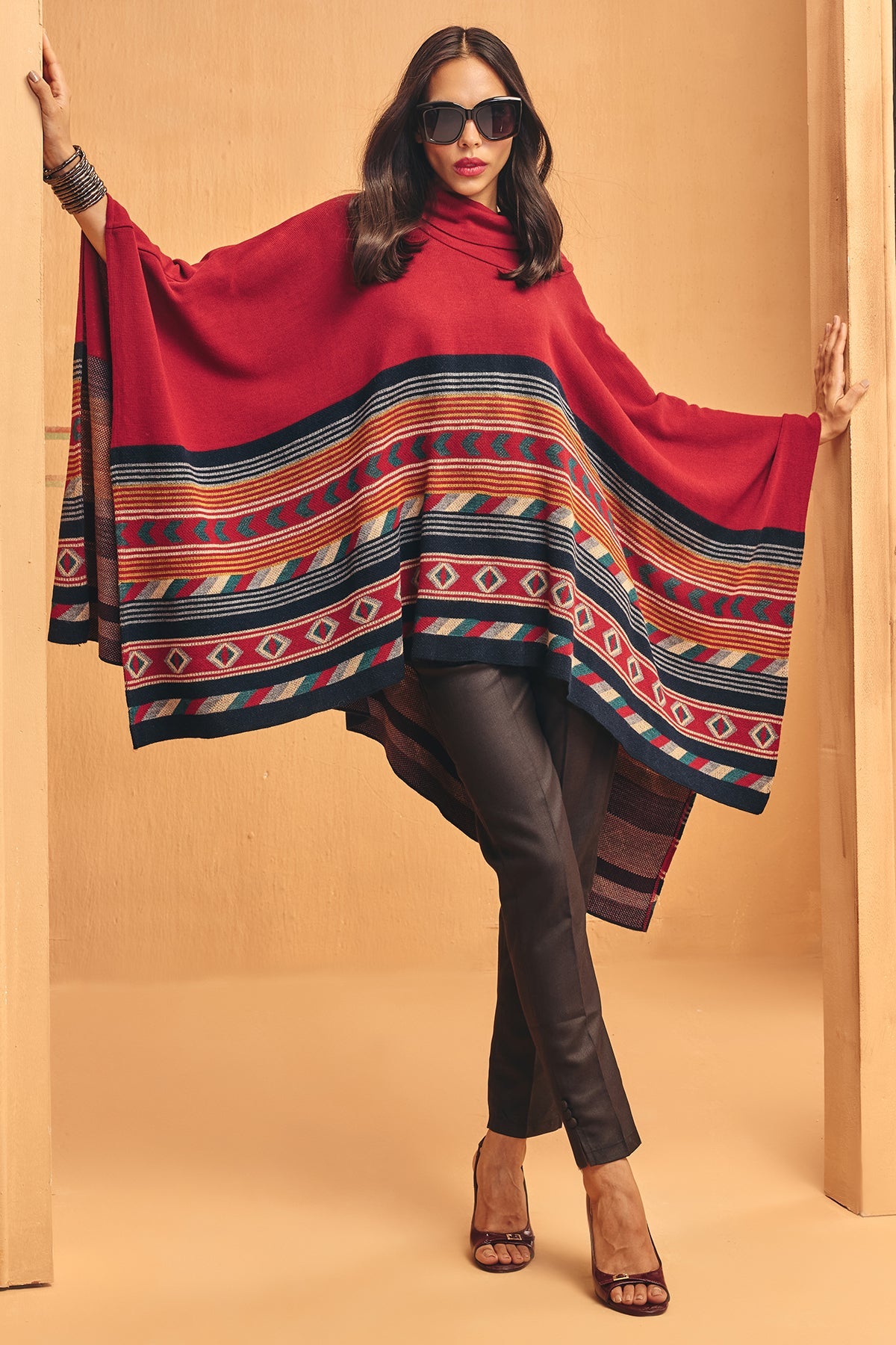 Winter Red Woven Turtleneck Poncho