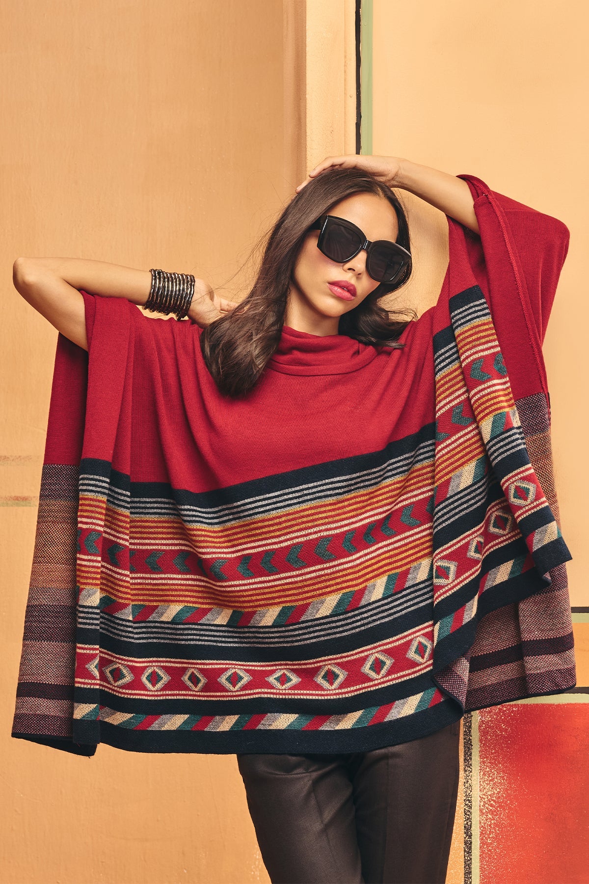 Winter Red Woven Turtleneck Poncho