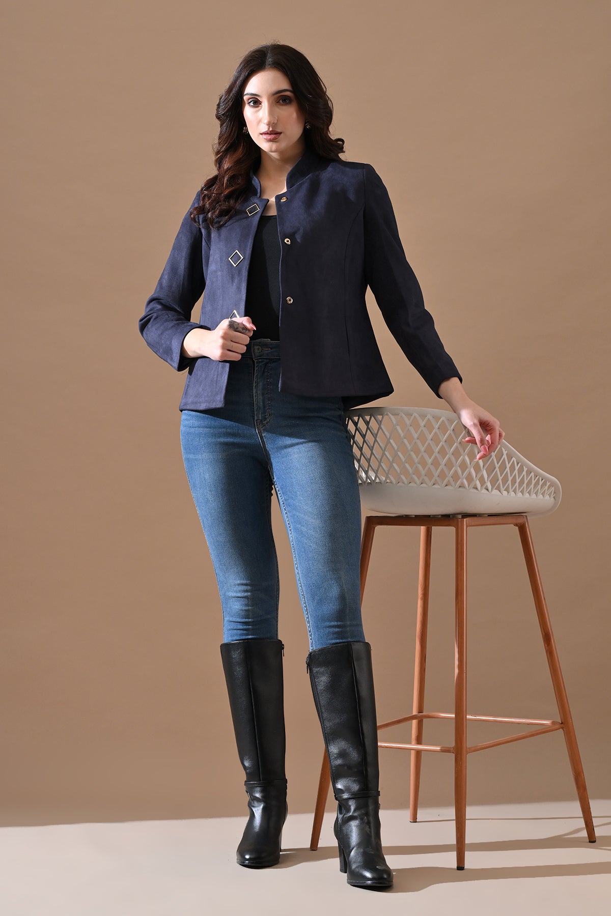Winter Navy Blue Mandarin Collar Neck Overcoat