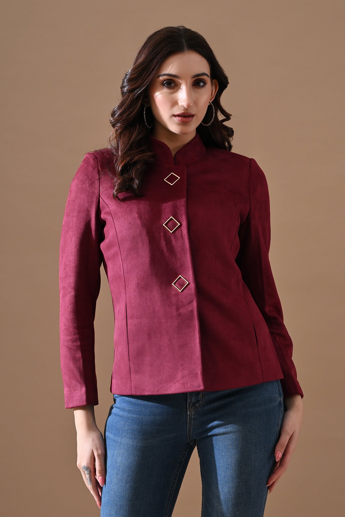 Winter Wine Solid Mandarin Collar Neck Overcoat
