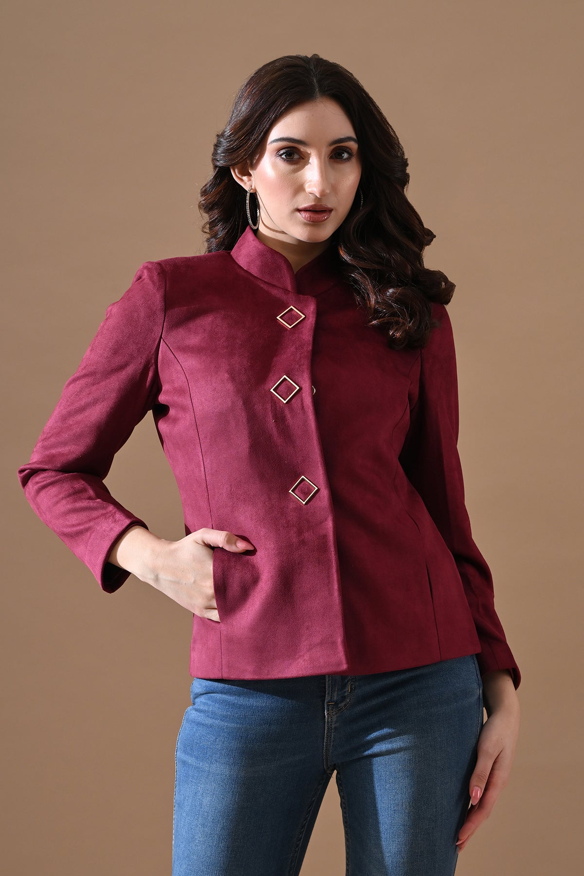 Winter Wine Solid Mandarin Collar Neck Overcoat