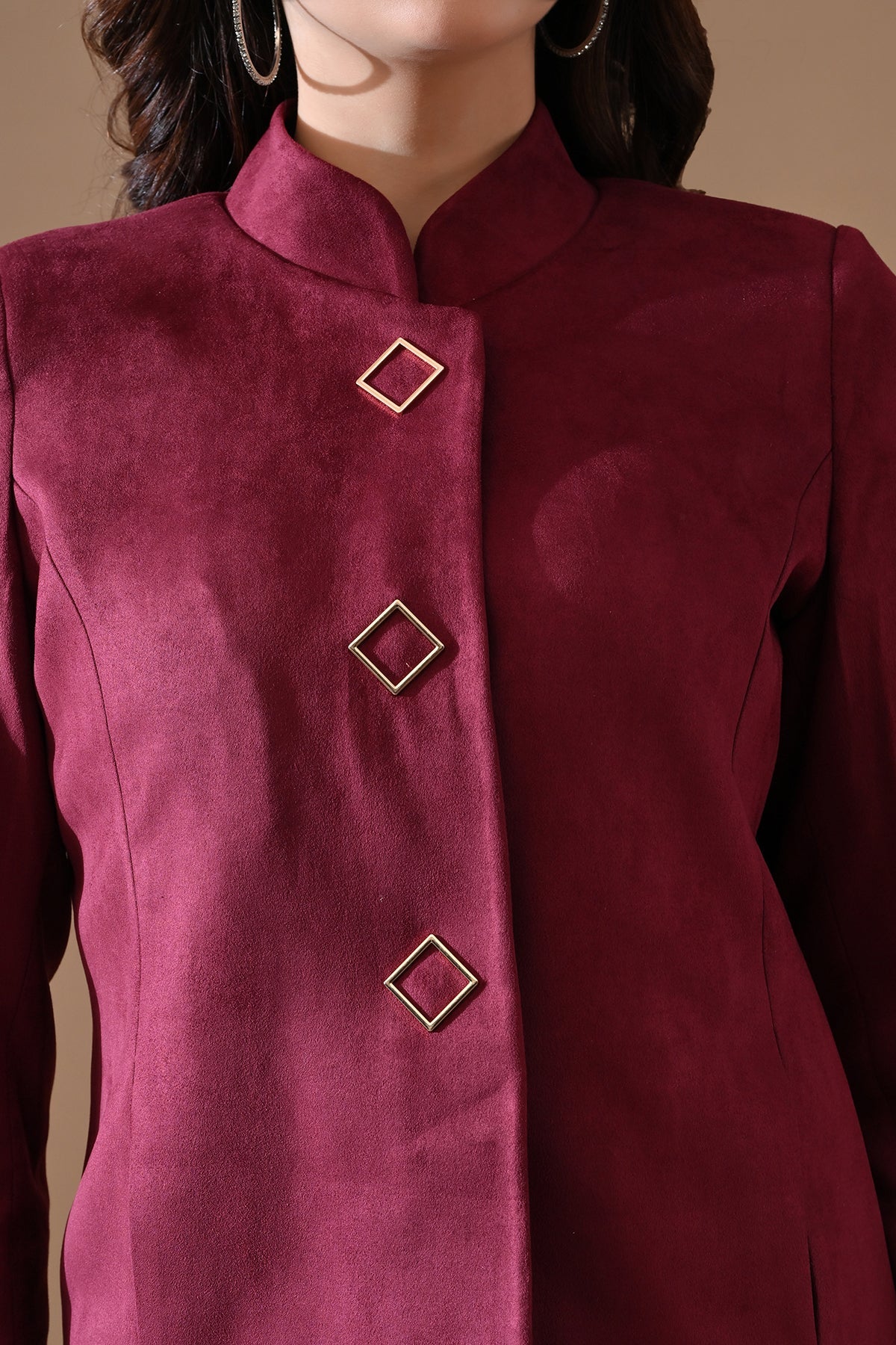 Winter Wine Solid Mandarin Collar Neck Overcoat