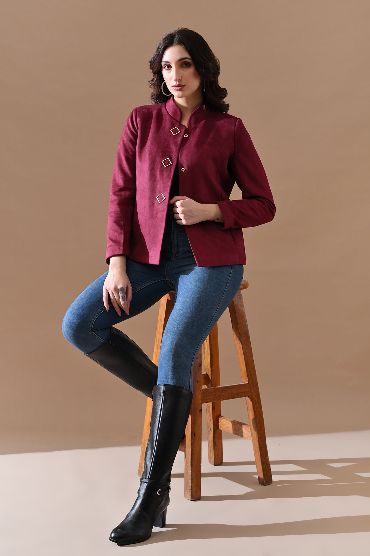 Winter Wine Solid Mandarin Collar Neck Overcoat