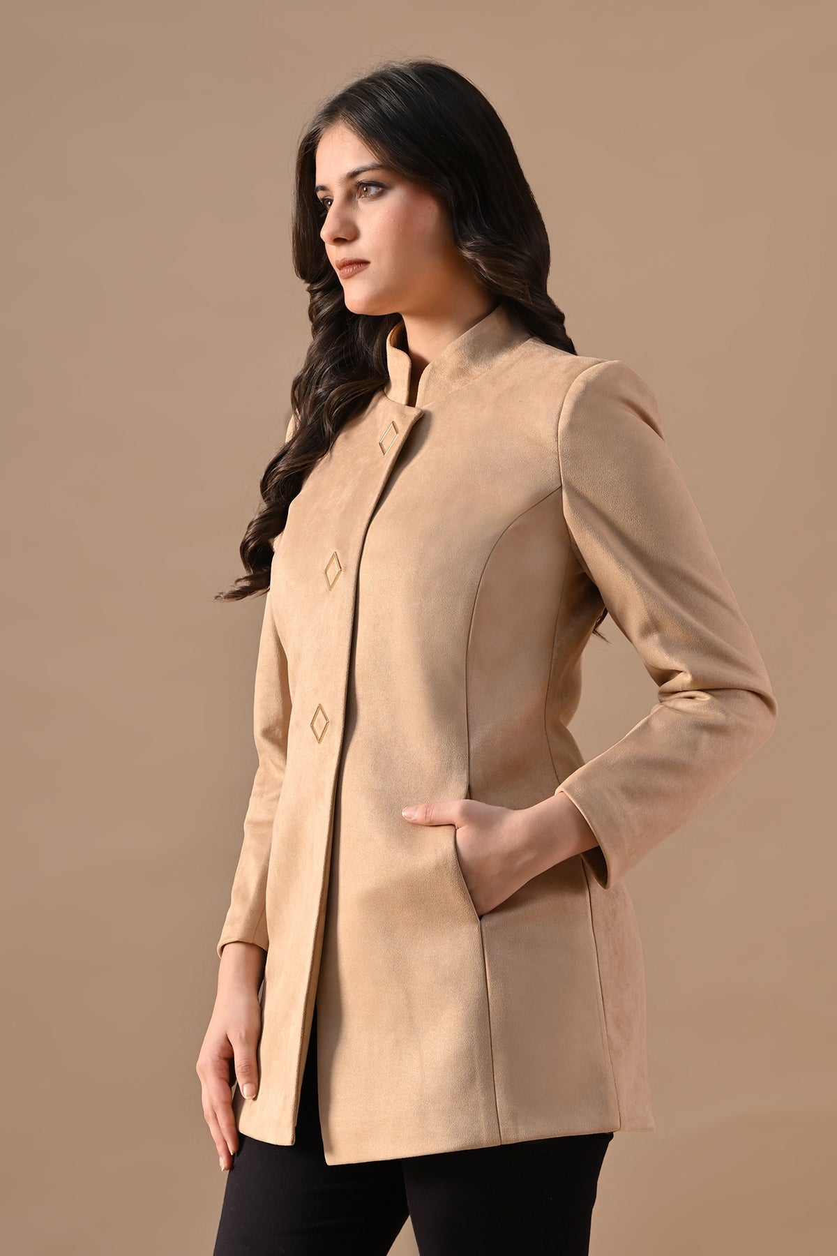 Winter Fawn Mandarin Collar Neck Overcoat