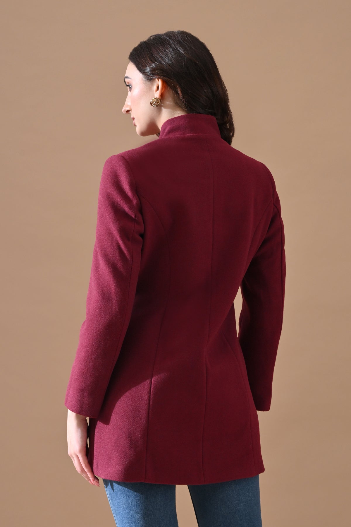 Winter Wine Mandarin Collar Neck Overcoat