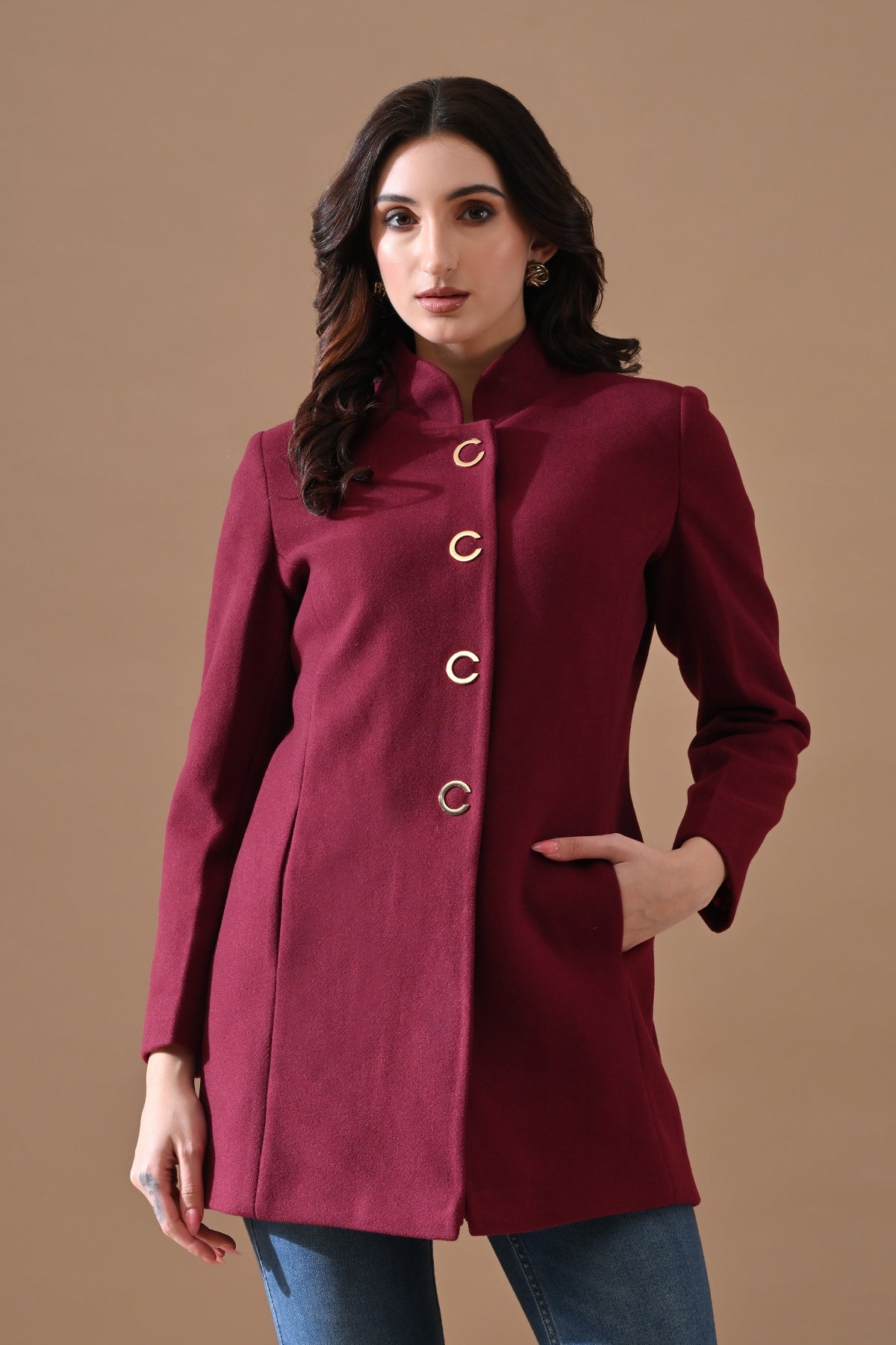 Winter Wine Mandarin Collar Neck Overcoat