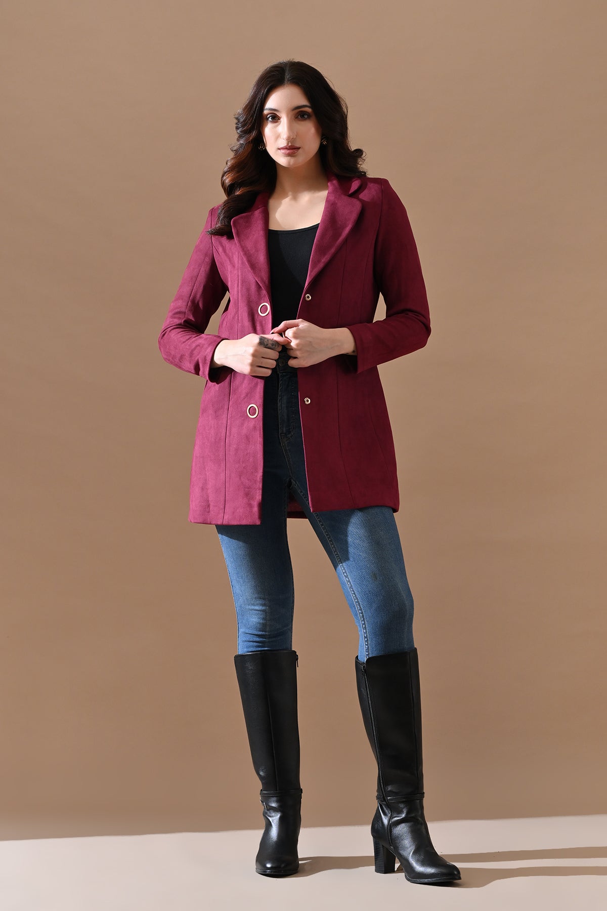 Winter Wine Solid Classic Notch Collar Neck Overcoat