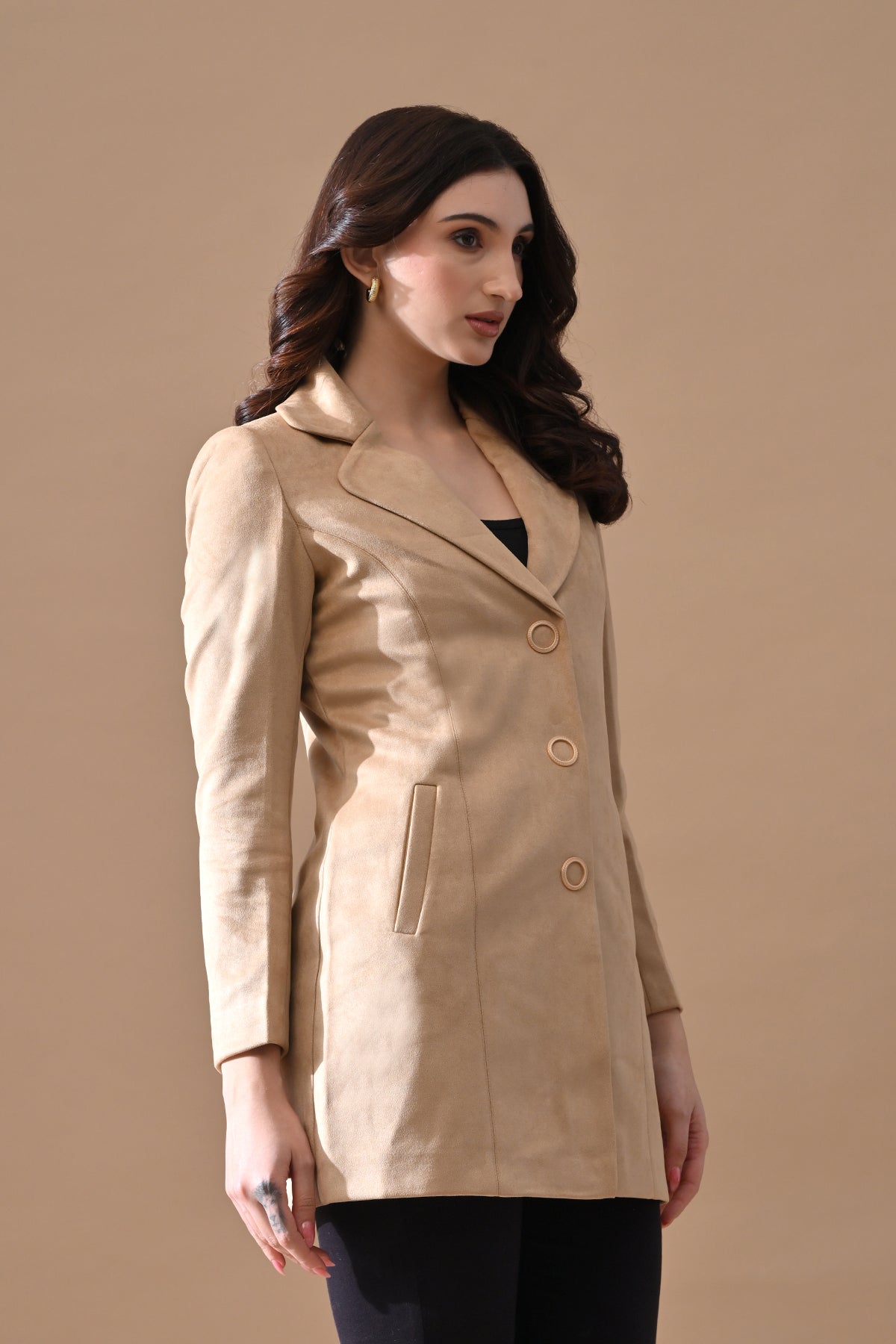 Winter Fawn Solid Classic Notch Collar Neck Overcoat