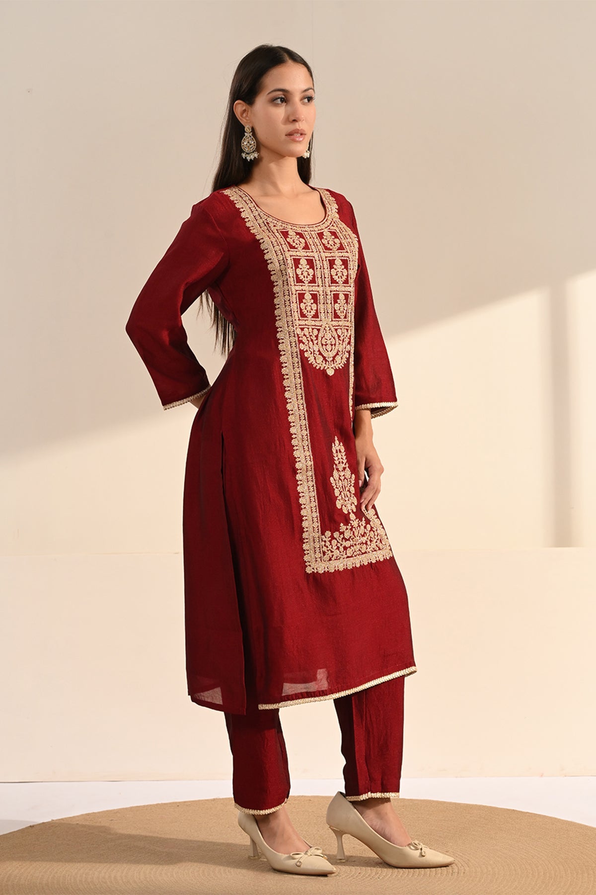 Maroon Zari Embroidered Kurta 3 Pcs Set