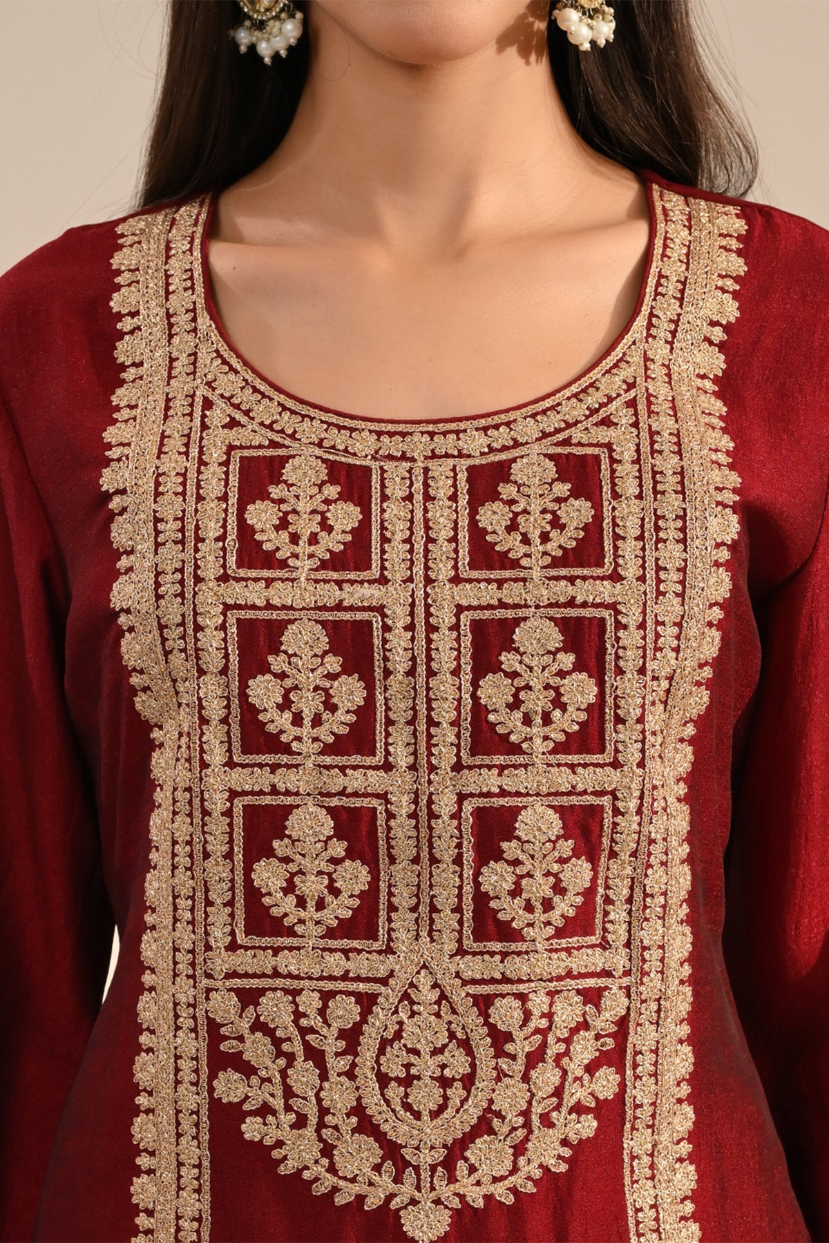 Maroon Zari Embroidered Kurta 3 Pcs Set