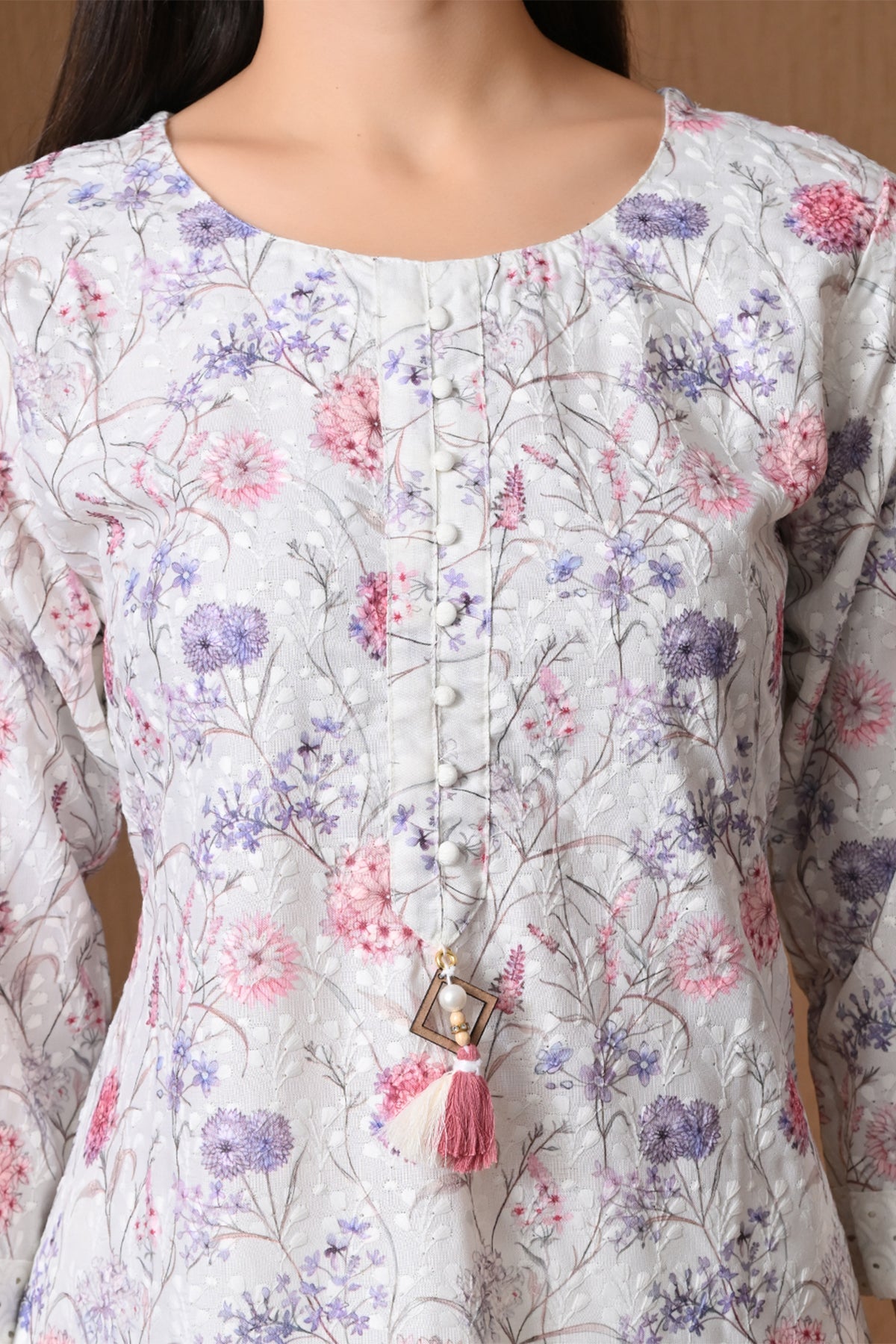 Cream and Pink Floral Printed Kurta 3 Pcs Set