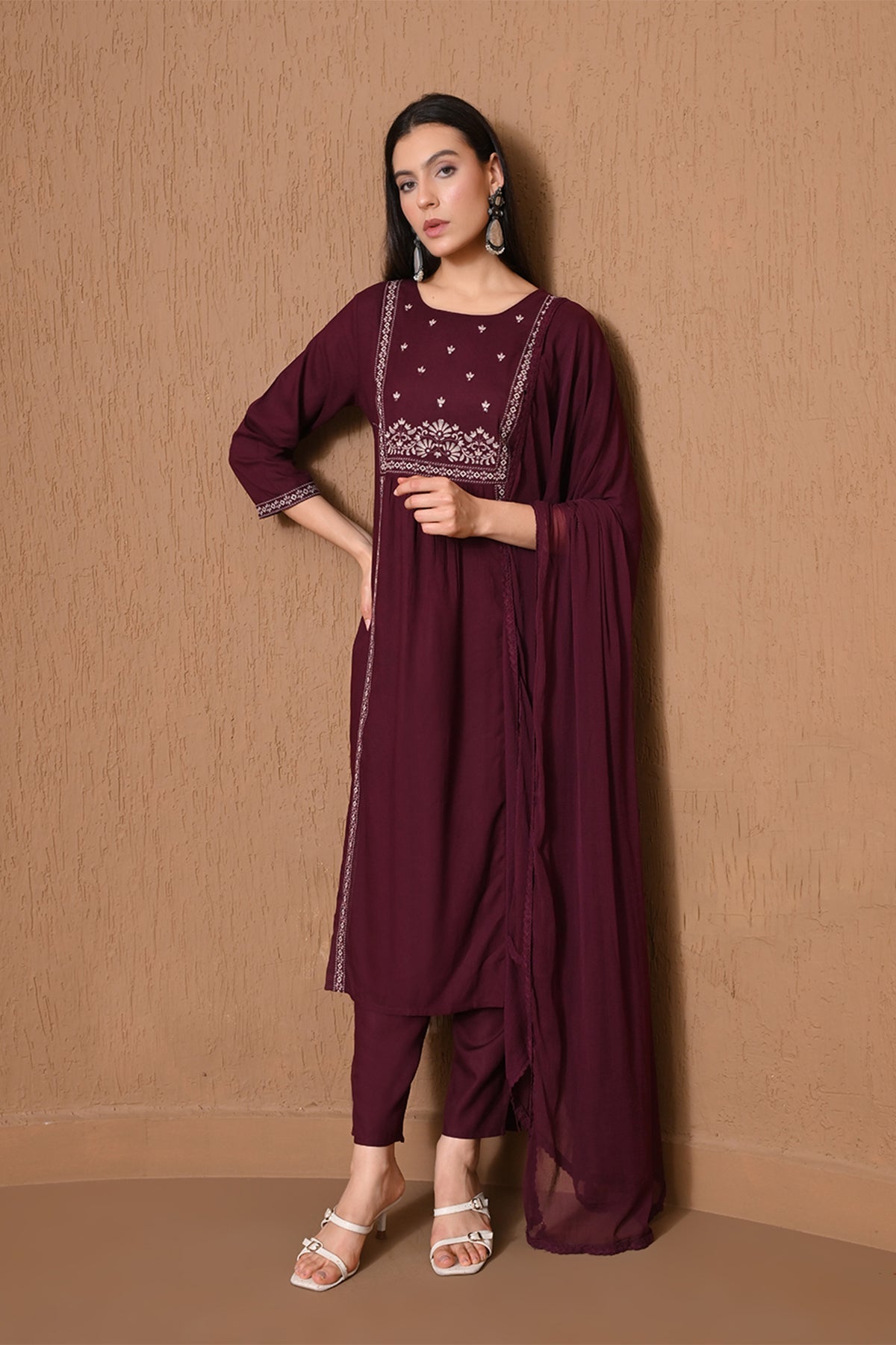 Wine Embroidered A-line Kurta 3 Pcs Set