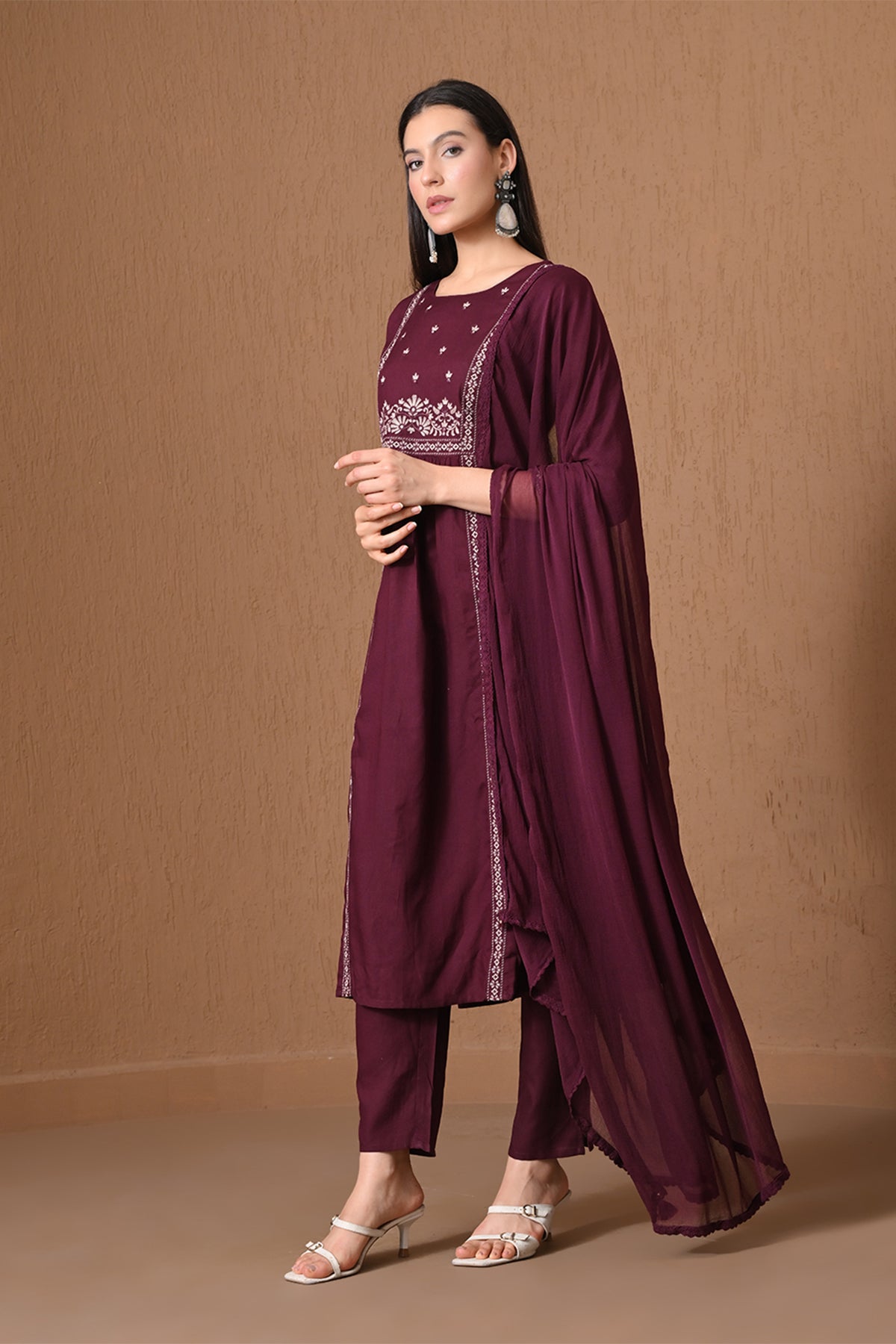Wine Embroidered A-line Kurta 3 Pcs Set