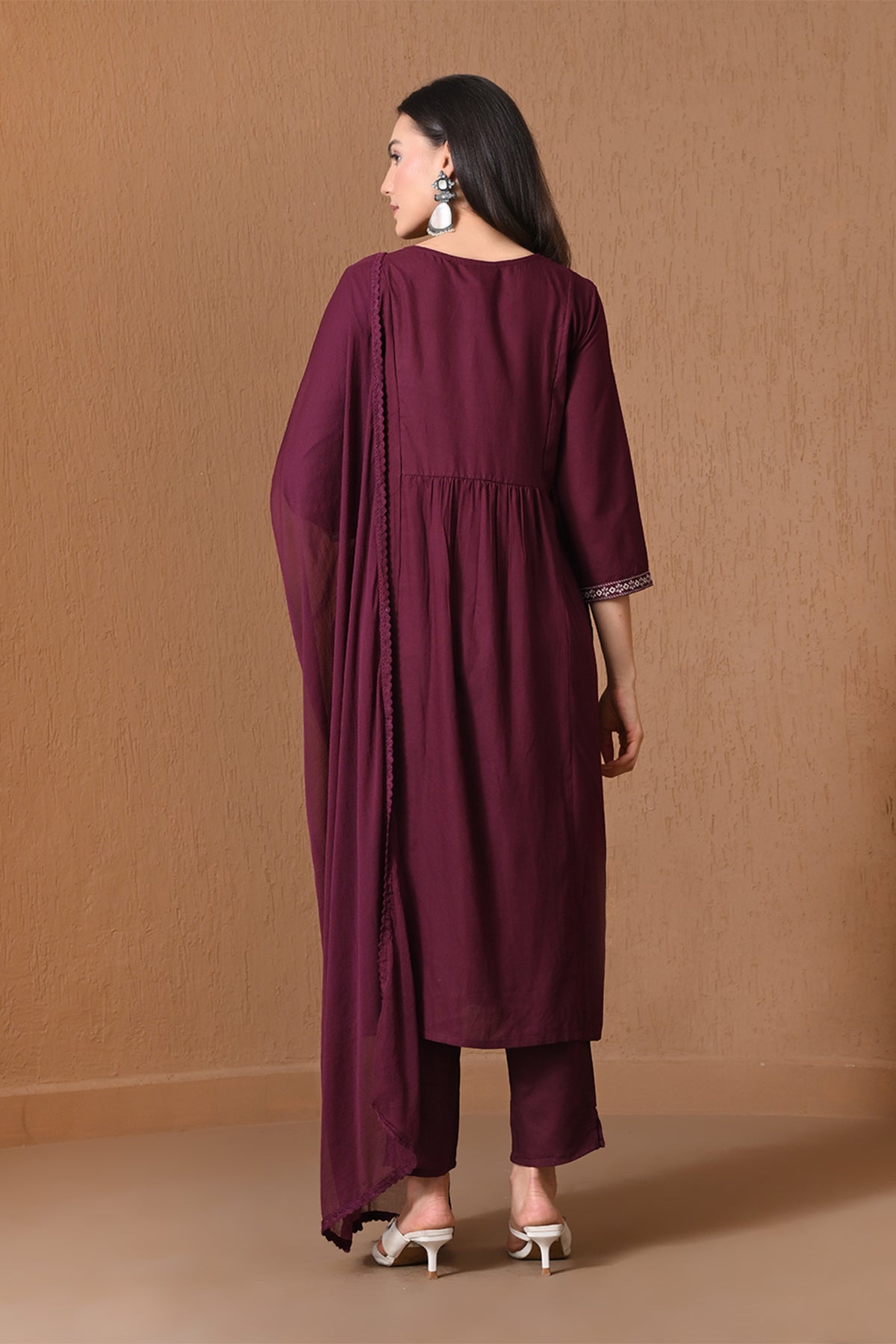 Wine Embroidered A-line Kurta 3 Pcs Set