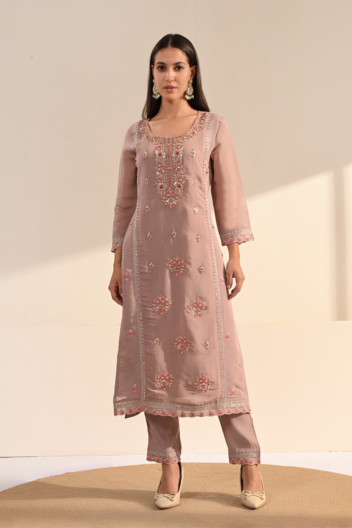 Blush Pink Thread Sequin Embroidered Kurta 3 Pcs Set
