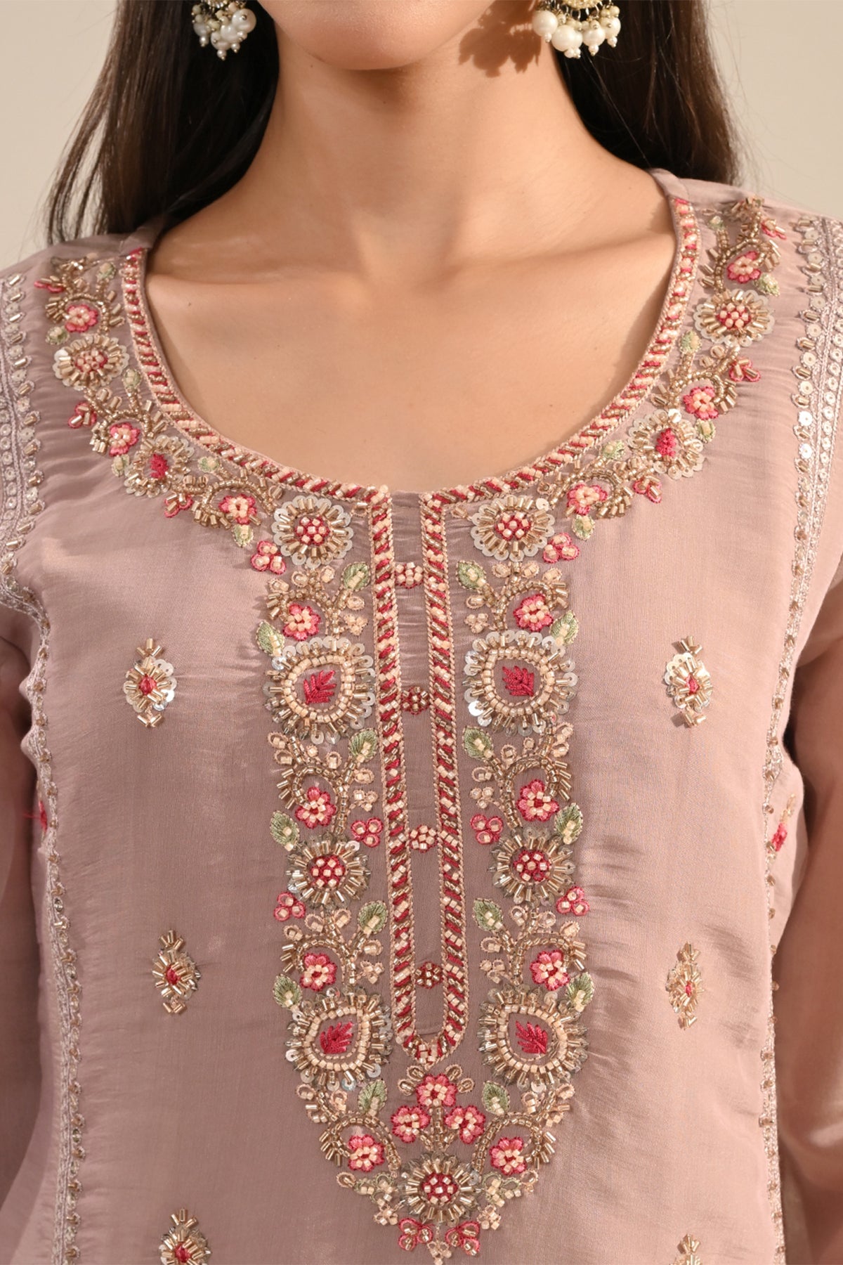 Blush Pink Thread Sequin Embroidered Kurta 3 Pcs Set