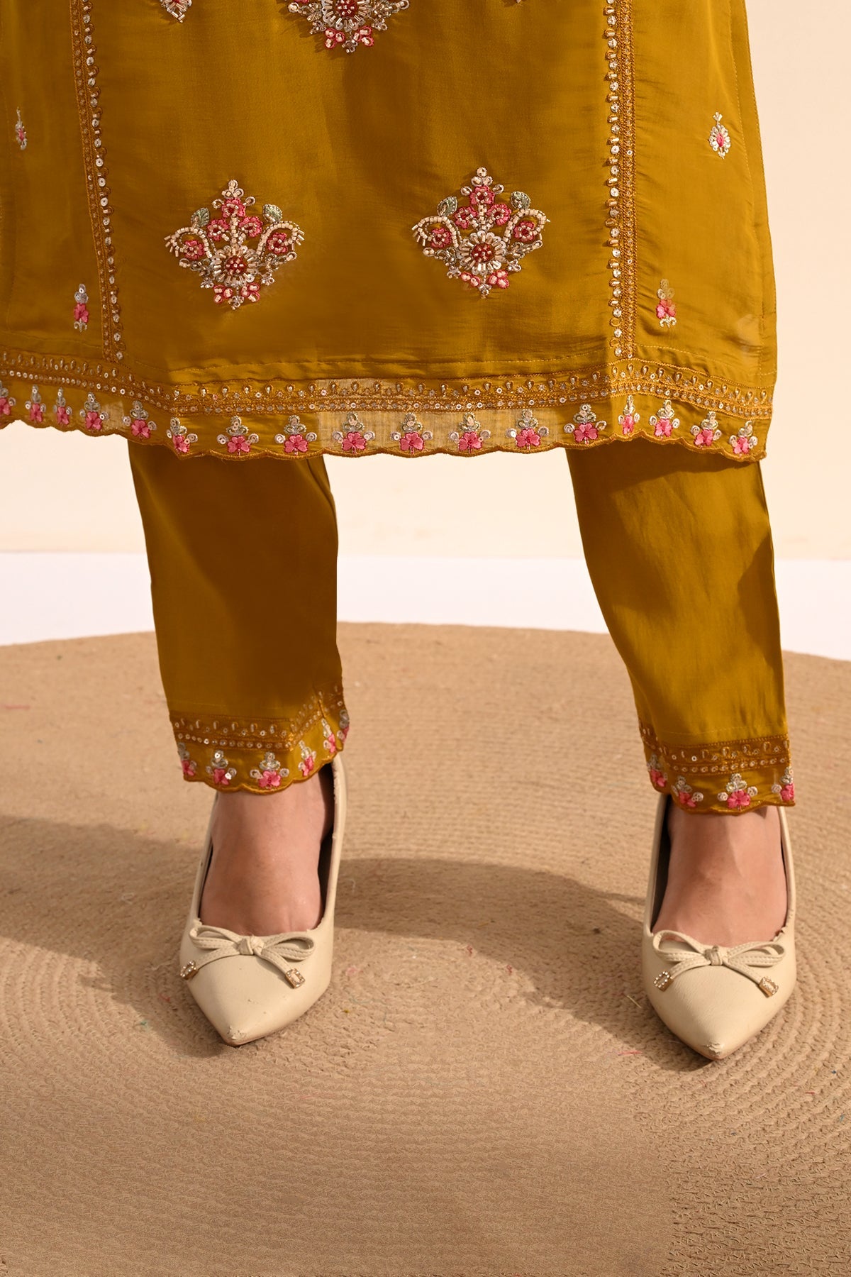 Mustard Thread Sequin Embroidered Kurta 3 Pcs Set