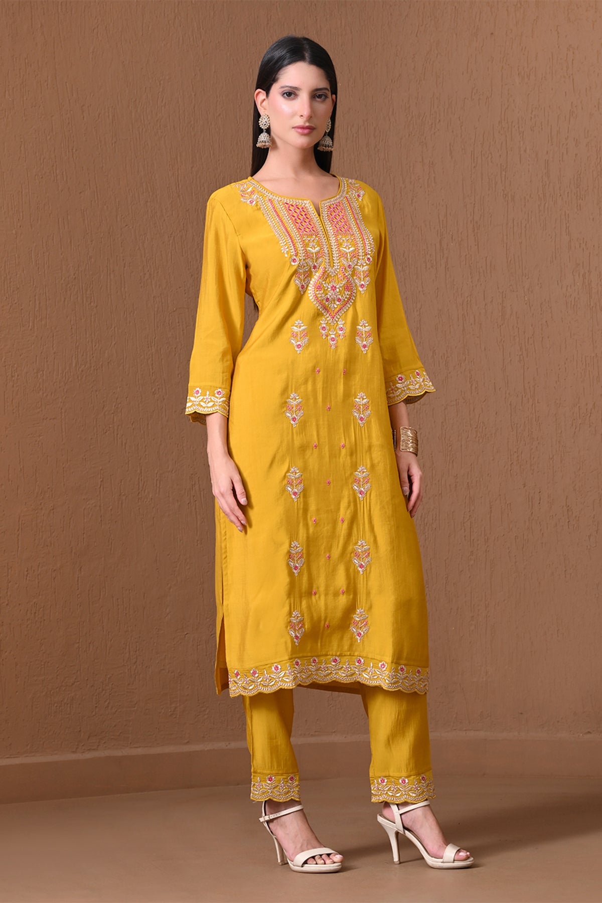 Yellow Embroidered Roman Silk Kurta 3 Pcs Set