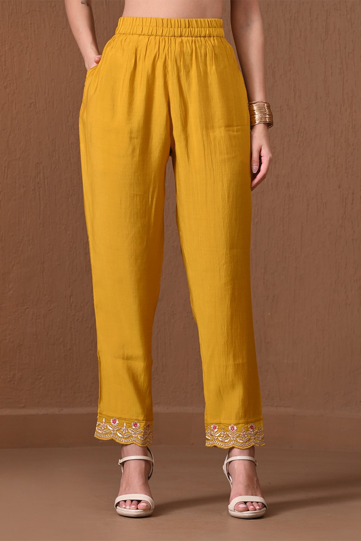 Yellow Embroidered Roman Silk Kurta 3 Pcs Set