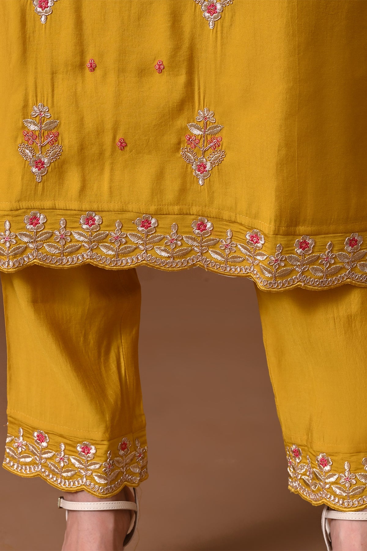 Yellow Embroidered Roman Silk Kurta 3 Pcs Set
